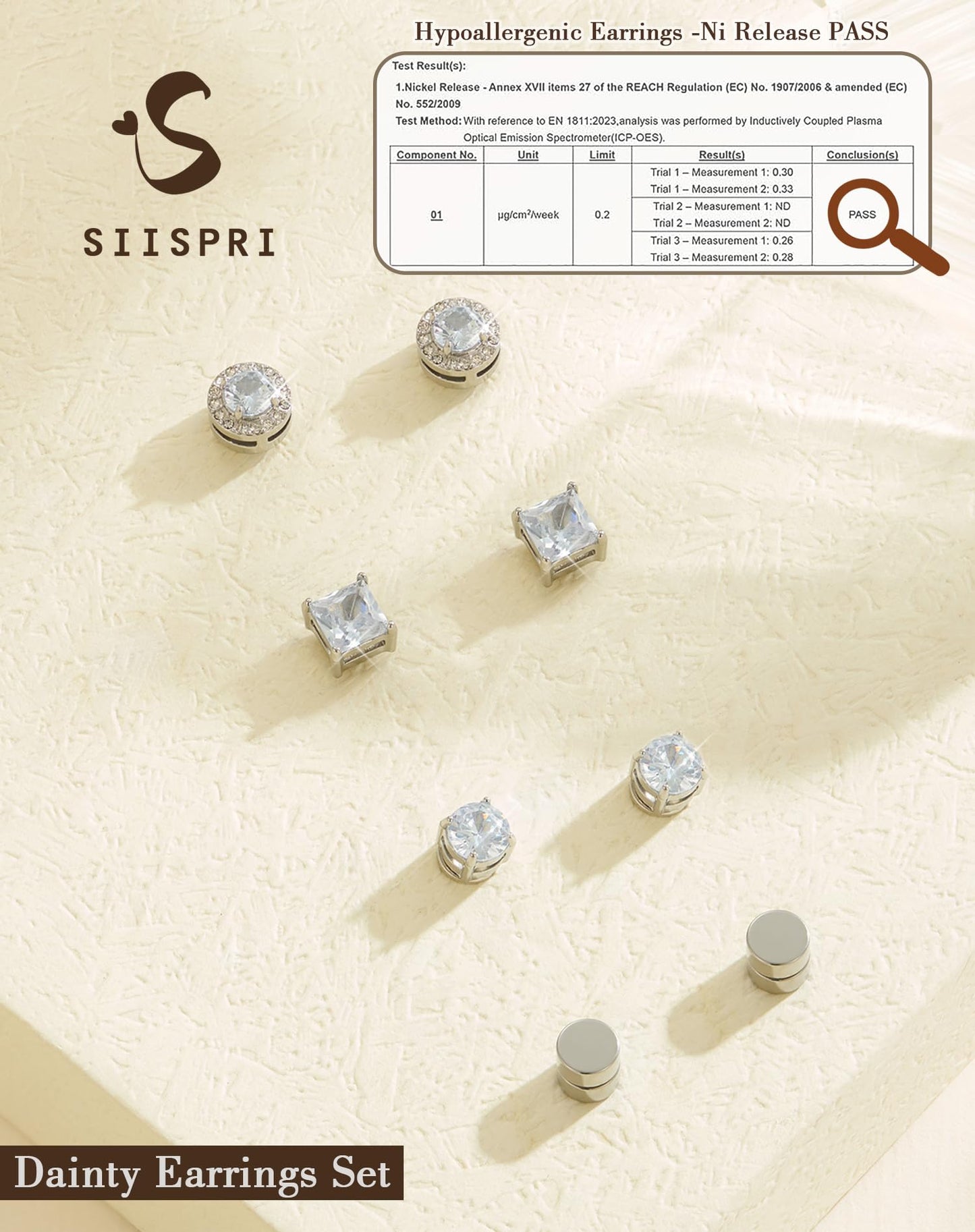 SIISPRI Magnetic Stud Earrings for Women Men, Non-piercing CZ Halo Studs, Hypoallergenic 18K Gold Plated Surgical Steel Clip on Stud Earrings Set for Sensitive Ears (Silver Tone-Set)