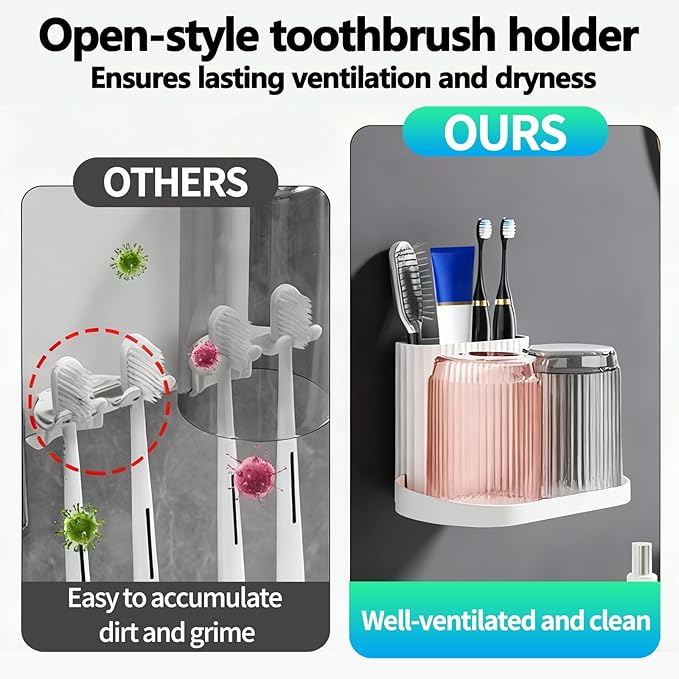 Toothbrush Holder,Bathroom Toothbrush Holder Suitable for Bathroom Organizer Place The Cup Upside Down to Drain Bathroom Stands for Storing Toothpaste Toothbrushes and Other Toiletries (Gray + Pink)