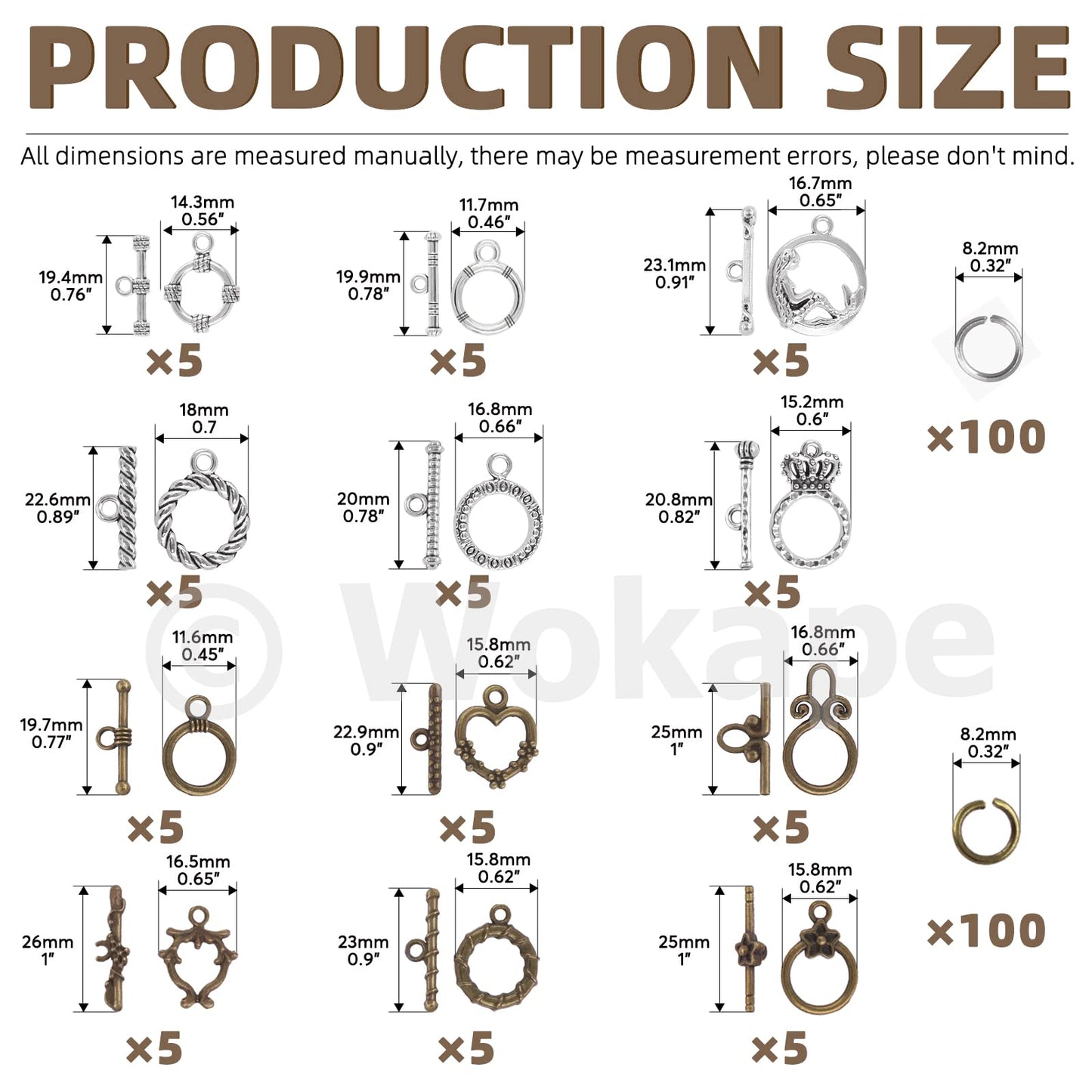 Wokape 260Pcs Tibetan Alloy Toggle Clasps with Open Jump Rings, 12 Styles T-bar Closure Clasp IQ Toggle Clasps Fastener Hook Toggle Connectors for Jewelry Making DIY Craft