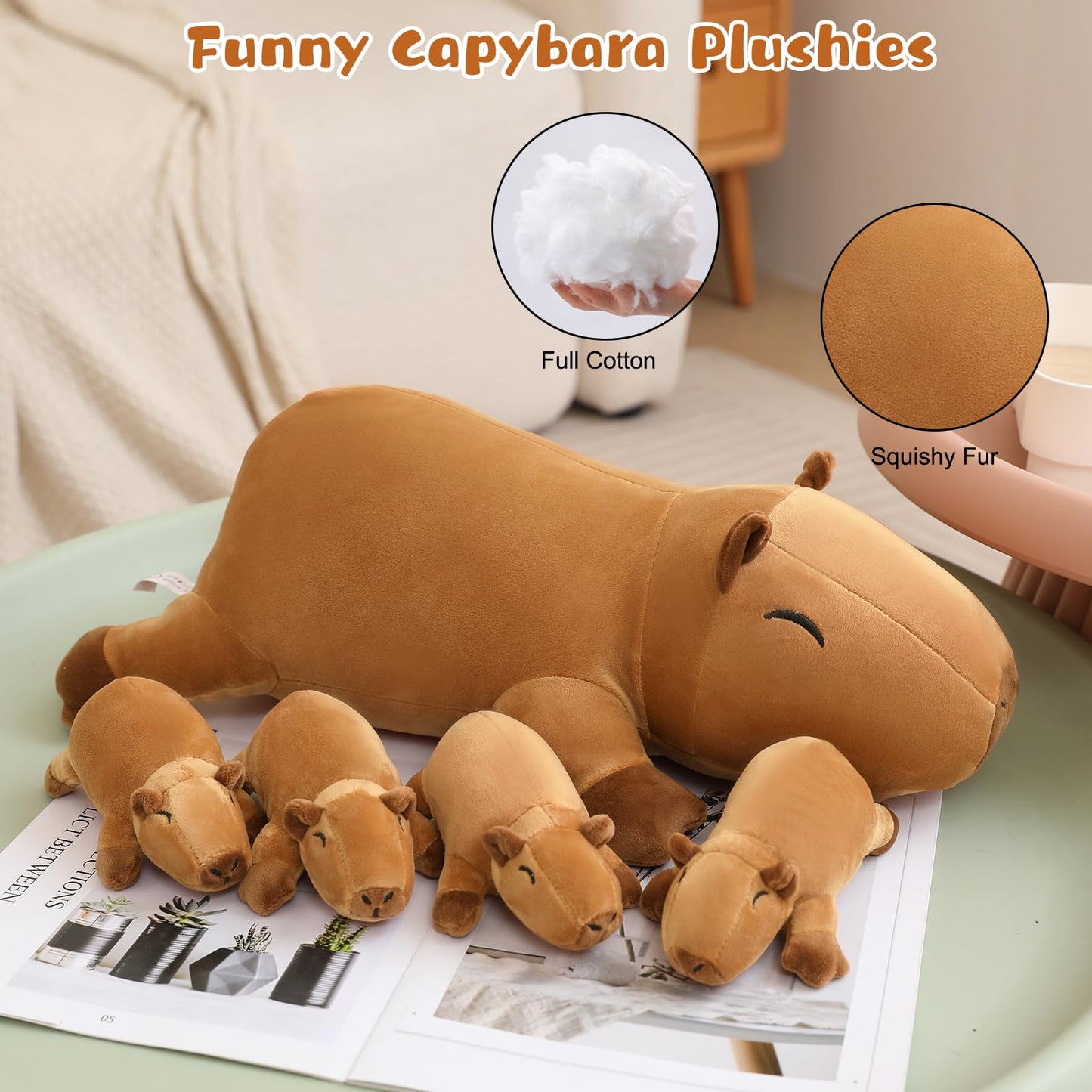 TOYSYM Capybara Plush Cute Capybara Stuffed Animal Pillow with 4 Baby Plushies in Her Tummy, Soft Cotton Stuffed Animals Toy Gifts for Kids