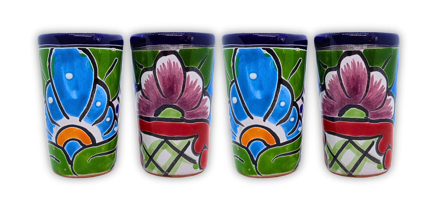 MEXTEQUIL - Talavera Shot Glasses Set of 4 Authentic Mexican Tequila Shot Glasses - Hand-painted - 2 Oz (Blue with Green)