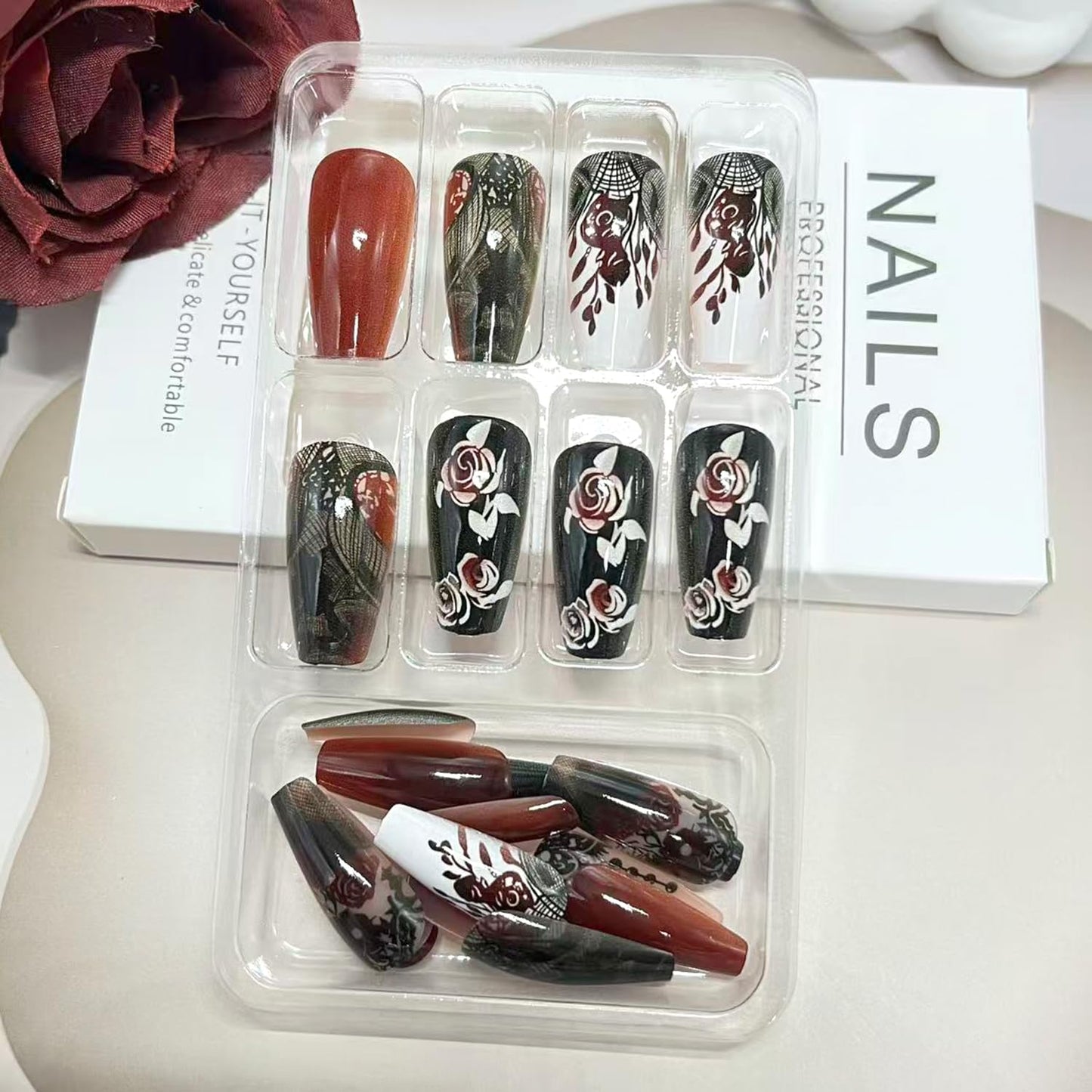 Vopintpy Red Rose Press on Nails Long Coffin Fake Nails with Design Glossy Acrylic Glue on Nail Reusable Full Cover Artificial Stick on Nail for Women DIY Manicure