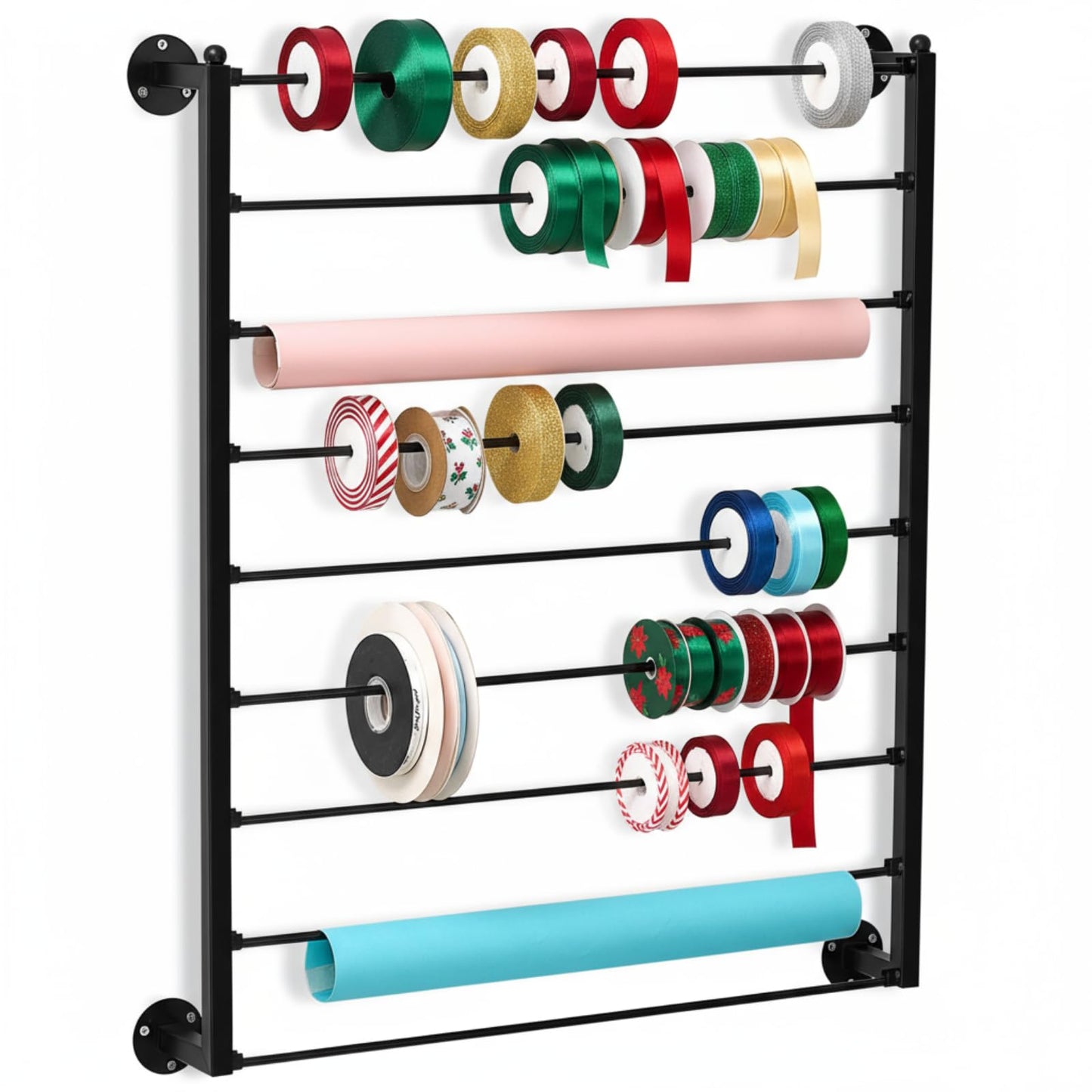 Menkxi 9 Tier Wall Mounted Ribbon Organizer Metal Ribbon Holder Organizer Rack Wrapping Paper Storage for Sewing Craft Mesh Thread Tape Wreath Crochet Craft Room Flower Shop(Black)
