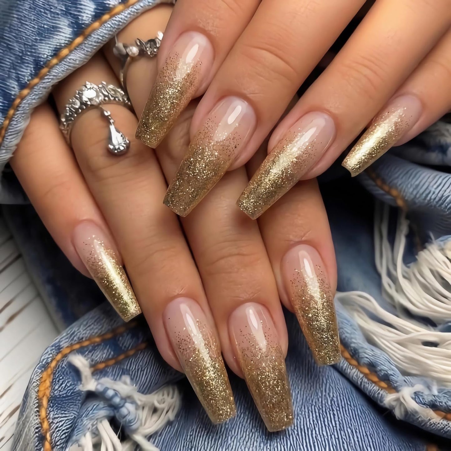 MISUD Press on Nails - Long Coffin Fake Nails with Nude Gel, Acrylic Bling Gold Glitter Design 24 pcs