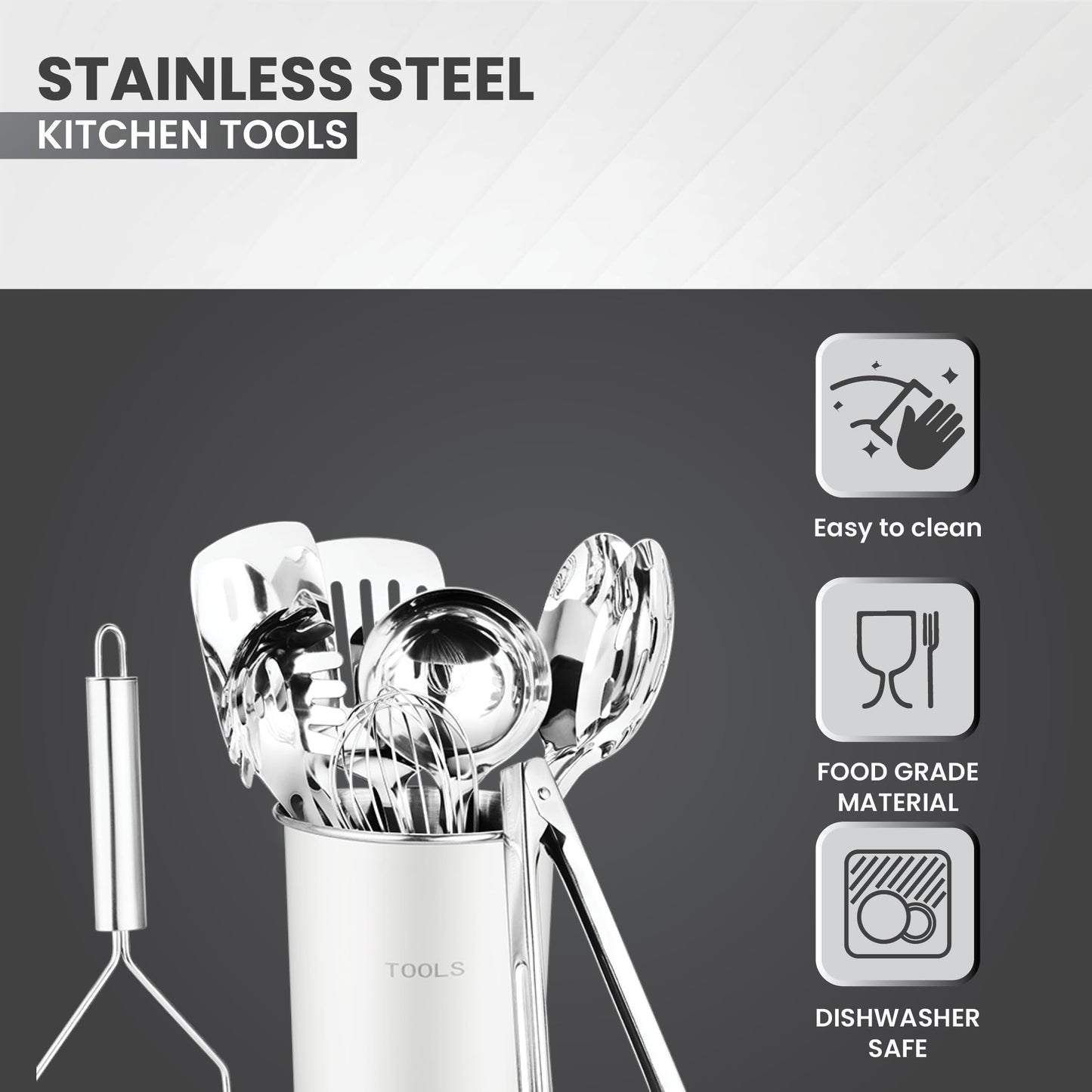 Avador® Premium Set of 10 Stainless Steel (WHITE HOLDER) Kitchen Tool Set with Holder Easy To Clean, Space Saving, Great for Cooking, Baking, Prepping (WHITE)
