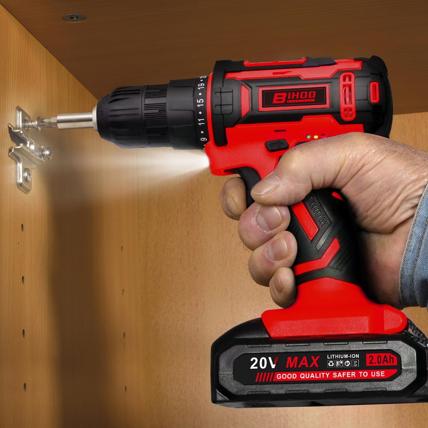 BIHOO Cordless Drill Set,20V Drill Driver with Battery and Charger,3/8-Inch Keyless Chuck, Variable Speed,with Drills Bits Set,Red