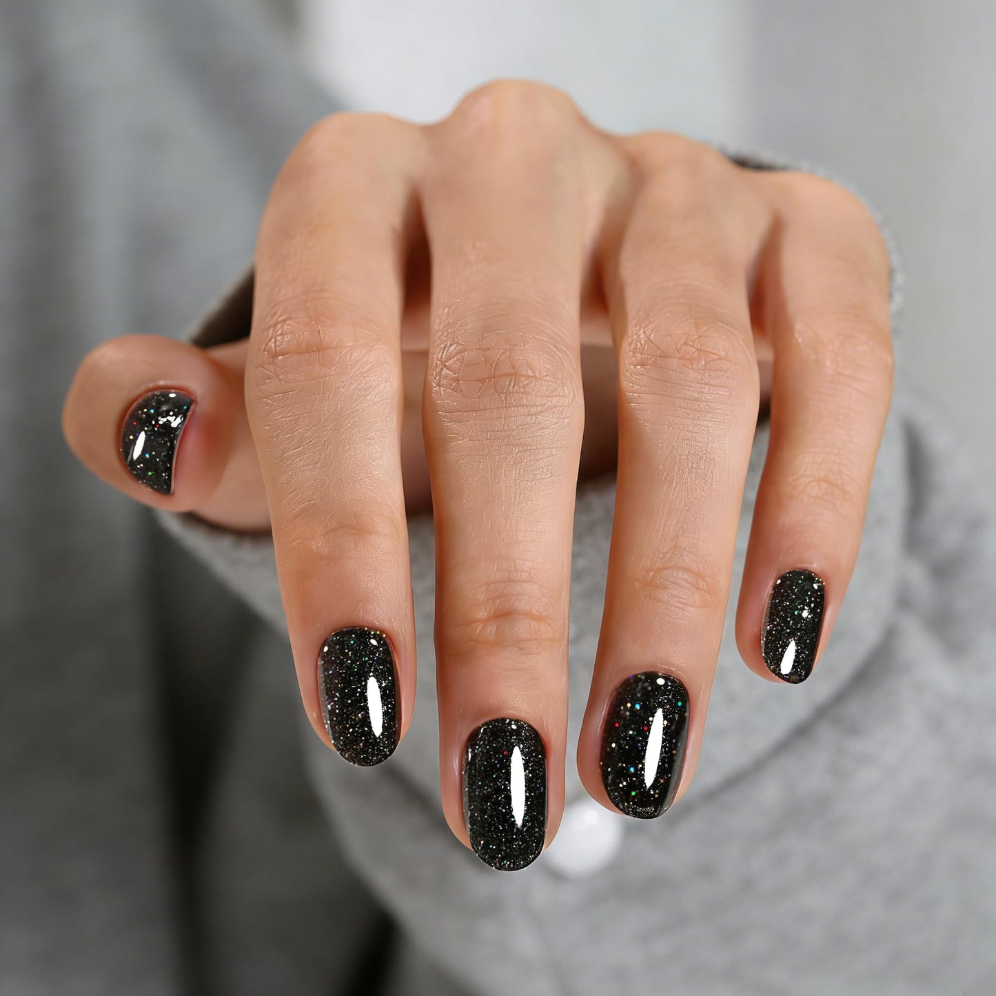 Black Press On Nails Oval Glitter -Short Press On Nails with Nail Glue, Fit Perfectly & Natural Reusable Stick On Nails in 12 Sizes - 24PCS Soft Gel Glue On Nails Kit