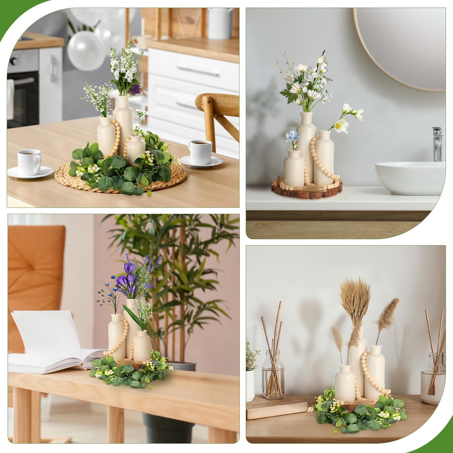 Geelin 6 Pcs Boho Rustic Table Centerpieces, 3 Modern Ceramic Vases, Wooden Slice Tray, Farmhouse Wood Beads Garland with Tassel, Artificial Vines for Dining Home Coffee Table Decor(White)