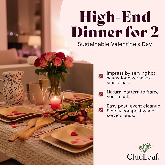 Chic Leaf Palm Leaf Plates 8 Inch - Disposable Bamboo Style Square Dinnerware for Winter Events & Ideal for Romantic Dinner for 2 - Heavy Duty, Compostable Serving Dish for Appetizers & Desser