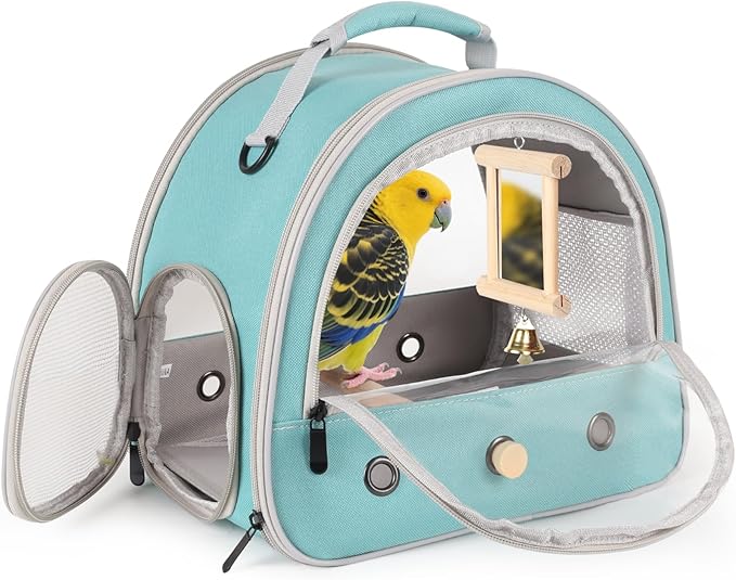 Parrot Travel Cage Carrier with Bird Cage Bells Mirror Set,Portable Small Bird Parakeet Bag with Standing Perch and Comfy Mat Bird Carry Transport Bag with Clear Window Outdoor Adventure