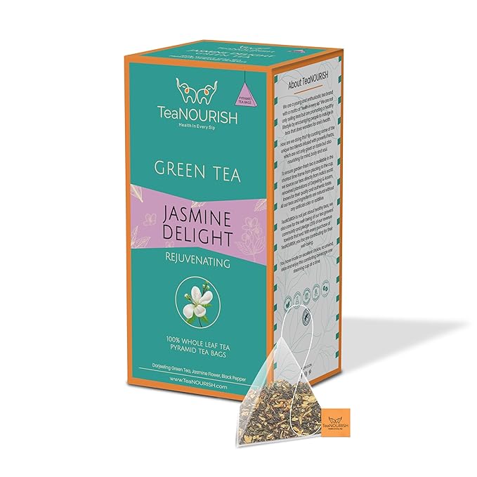 TeaNOURISH Jasmine Delight Green Tea | 20 Count Pyramid Tea Bags | Darjeeling Whole Leaf Tea with All Powerful Antioxidants | Supports Immunity |Calming, Relaxing & Bedtime Tea
