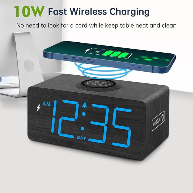 DreamSky Wooden Digital Alarm Clock with Wireless Charging for Bedroom