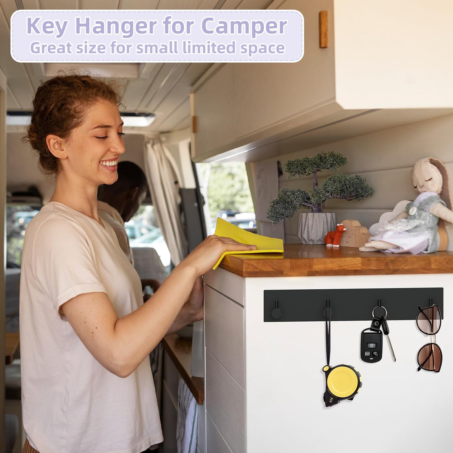 VIS'V Key Holder Wall Mount, Large Metal Self Adhesive Key Hanger with 4 Hooks, No Drilling, Extra Adhesive Strip, Black