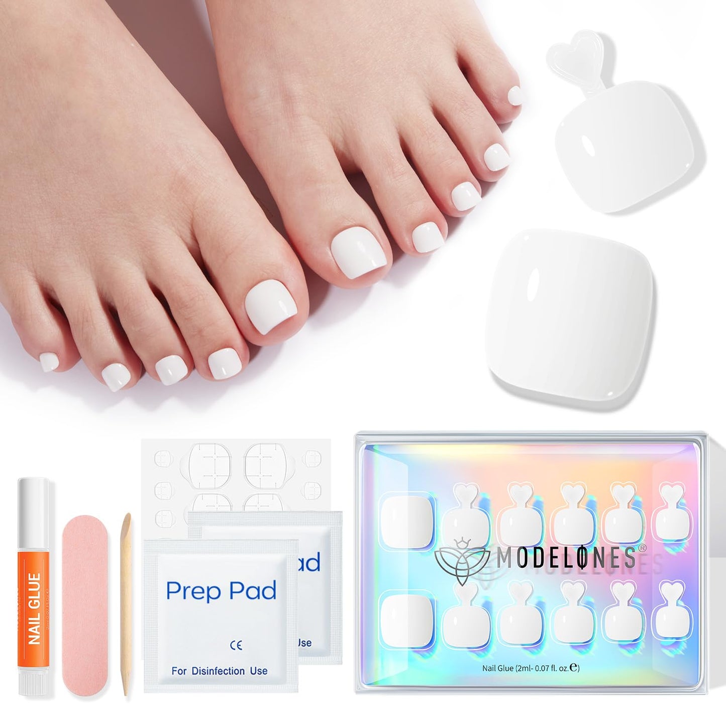Modelones Press on Toenails Short, White Toe Press on Nails Square, Reusable Nail Kit with Nail Glue Adhesive Tabs Mini Nail File, Toe Nails 36Pcs 18Sizes, Spring Summer Women Girl Gift