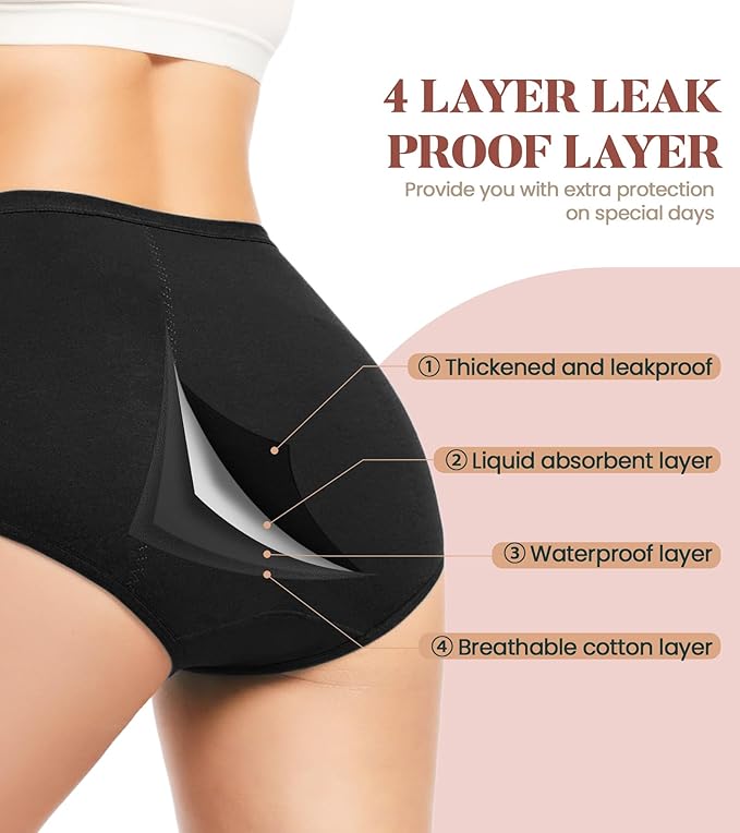Benirap Period Underwear for Women Heavy Flow Leakproof High Waisted Cotton Panties Postpartum Menstrual Briefs 3 Pack