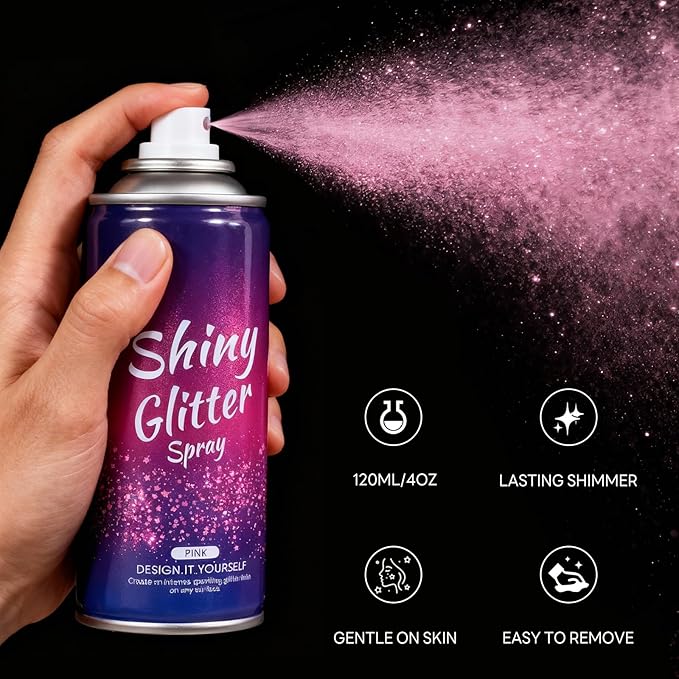 Light Pink Glitter Spray for Face, Body, Hair and Clothes, Holographic Glitter Hairspray for Festival, Rave, Prom, Concert, Stage Makeup, Quick Dry, Long Lasting Shimmer, Lightweight, 4.05 fl oz