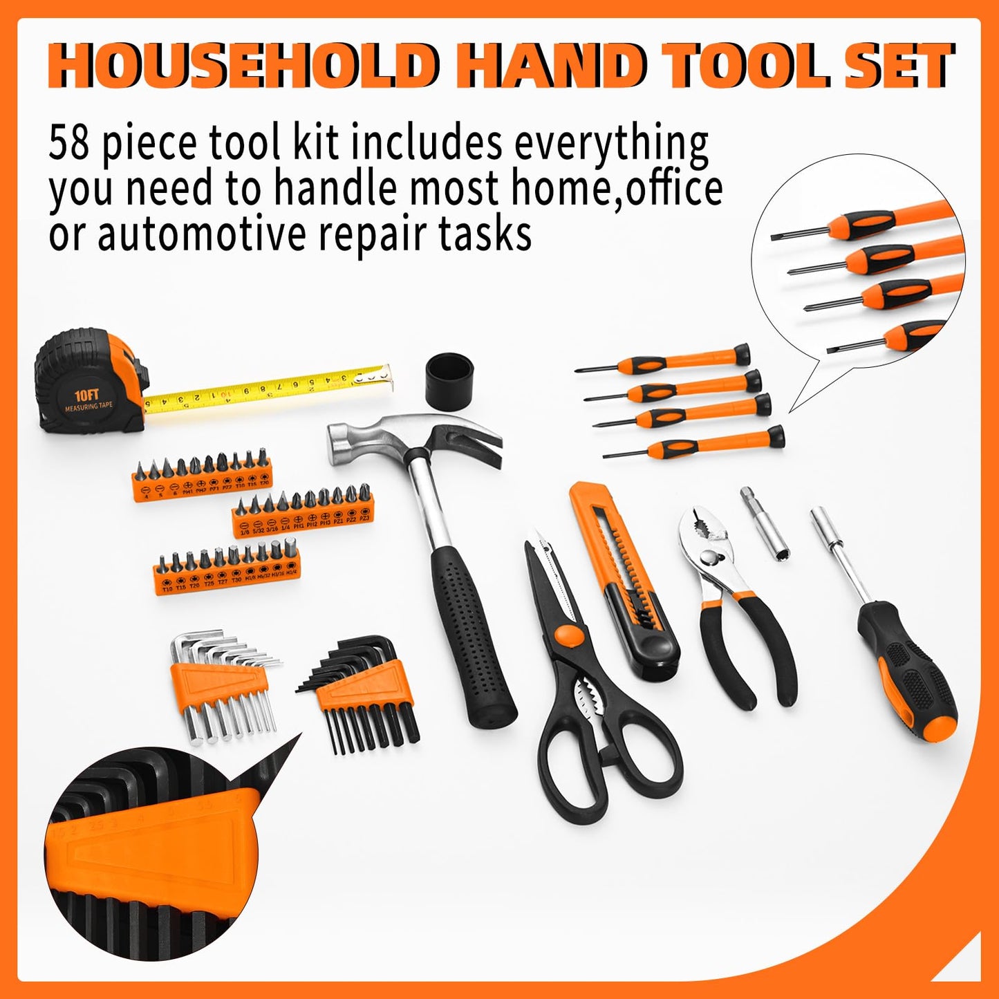 GETFOO 58-Piece Tool Kit Basic Home Repair Tool Set, General Household Hand Tool Kit,Small Tool Kit with Plastic Toolbox Mini Tool kit for Women, Office & College Repairs Orange