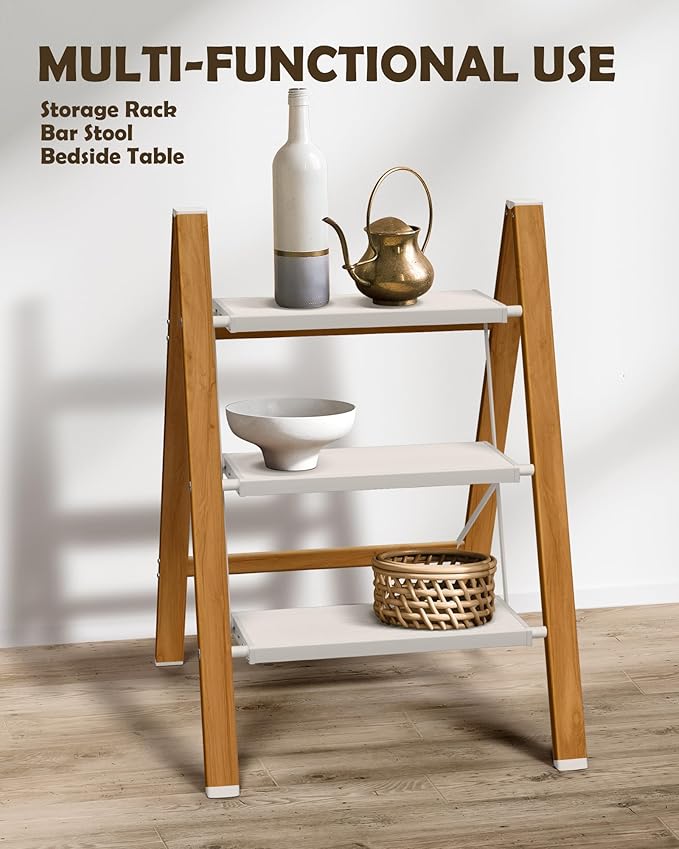 Taranta 3 Step Ladder,Aluminum Lightweight Folding 3 Step Stool with Anti-Slip Super Wide Pedal,330lbs Capacity Step Ladder for Household,Kitchen,Office - White Woodgrain