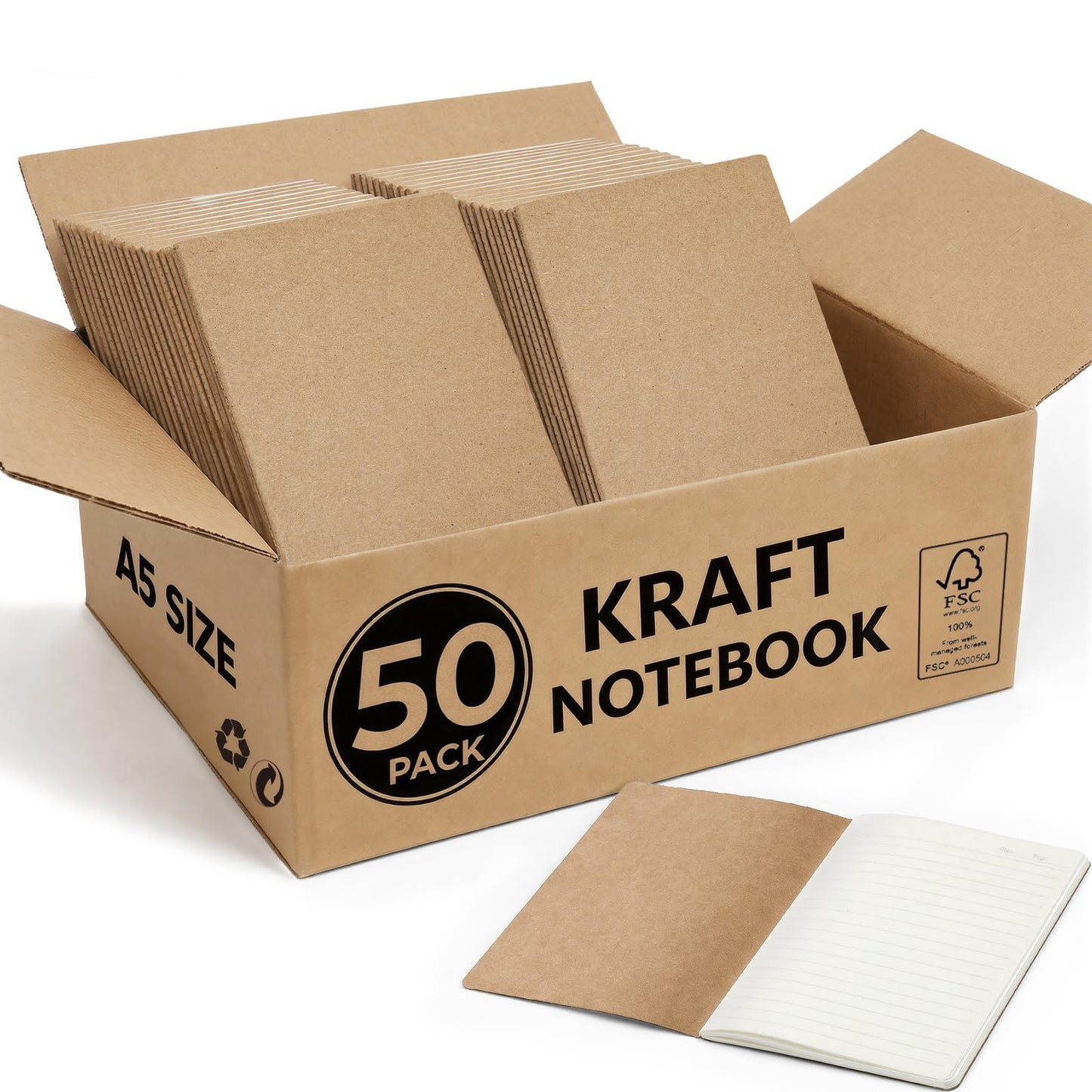 Foliom 50 Pack Kraft Notebooks Bulk A5, 60 Pages Lined Ruled Journals, 8.3x5.5 Inches, Natural Kraft Cover Composition Notebooks for School Office Students Artists