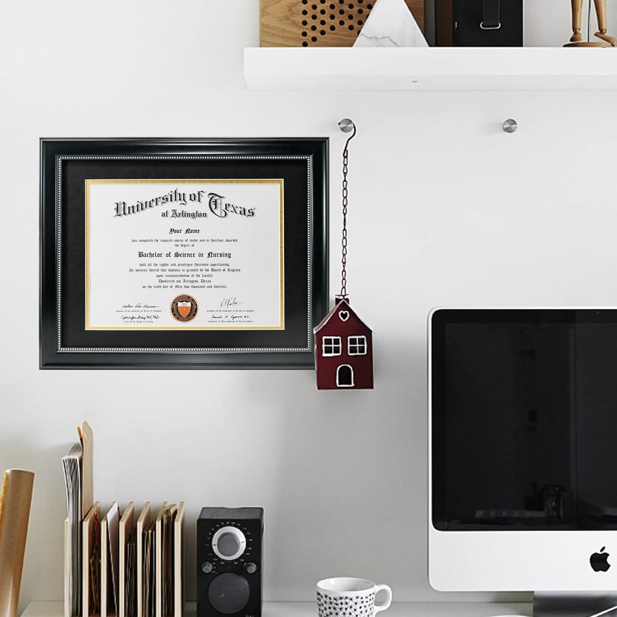 GraduationMall 8.5x11 Diploma Frame with Black over Gold Mat or Display 11x14 Document without Mat, UV Protection Acrylic, Black with Silver Beads