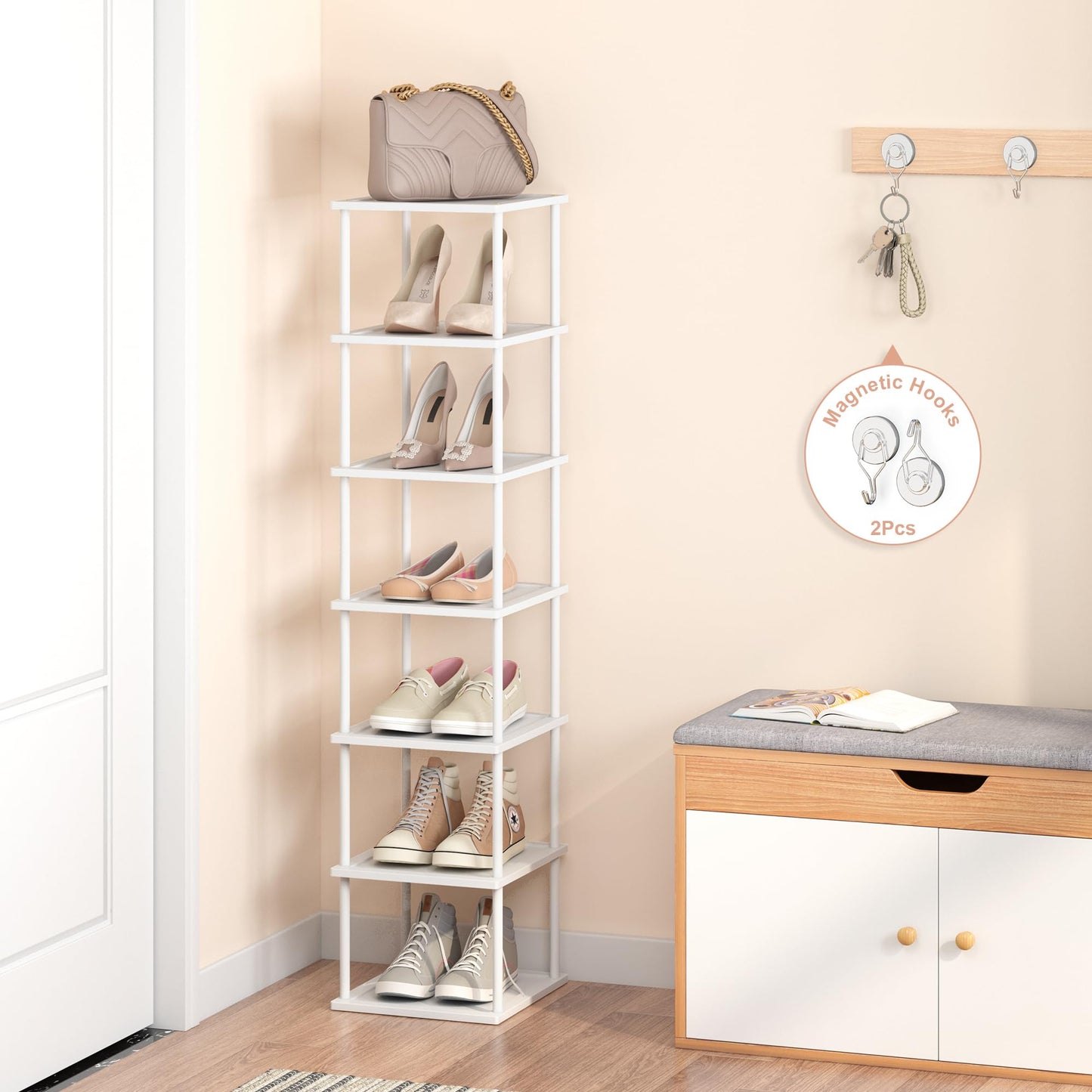 Vertical Tall Shoe Rack Organizer for Entryway -7 Tier Free Standing Slim Narrow Bamboo Wood Corner Stackable Shoe Boots Storage Stand Small Spaces for Closet Garage Cloakroom Living Room (White)