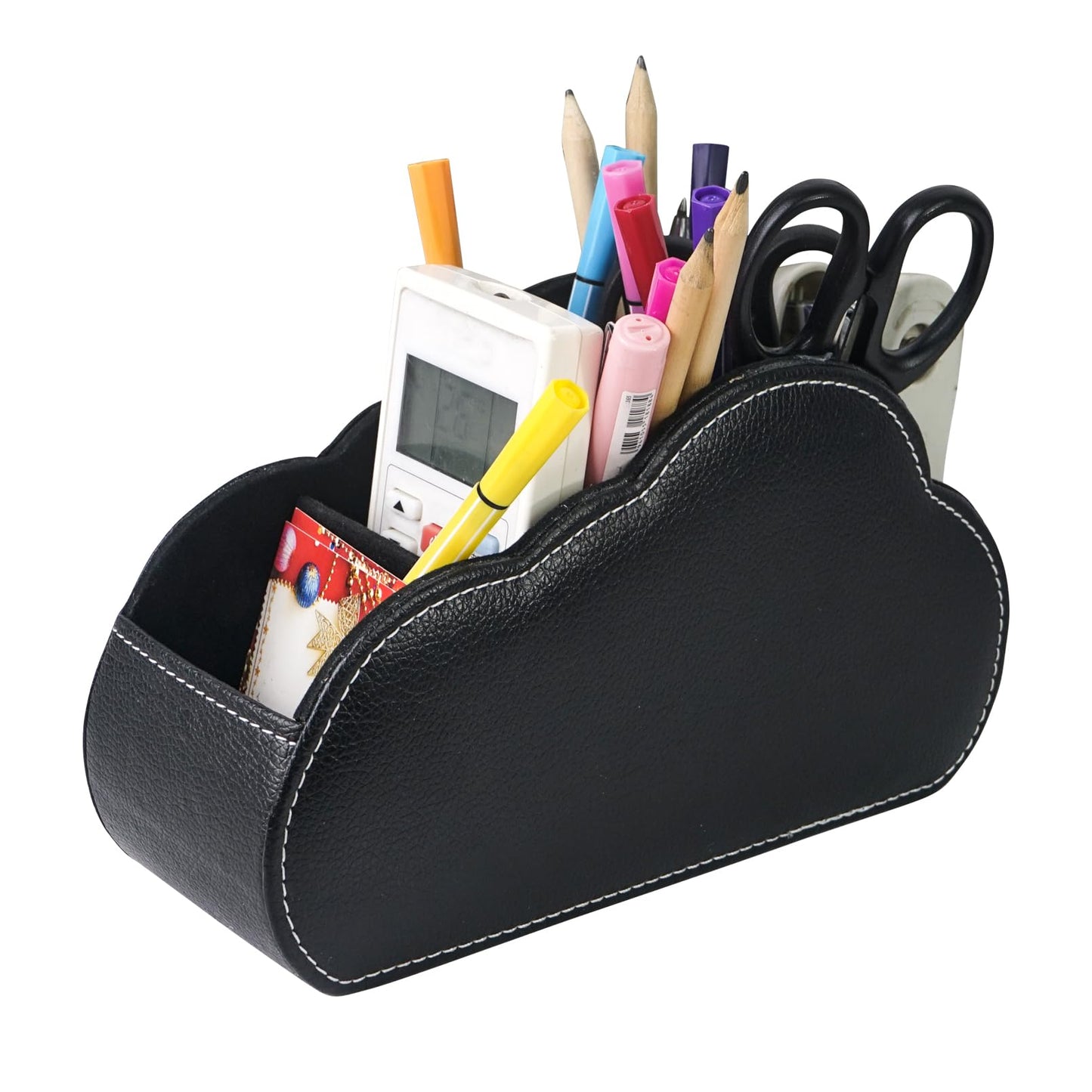 DreamsEden PU Leather Desk Organizer, Remote Control Holder Pen Pencil Cup Box Decorative Tabletop Storage Caddy for Home Office Accessories, 5 Slots
