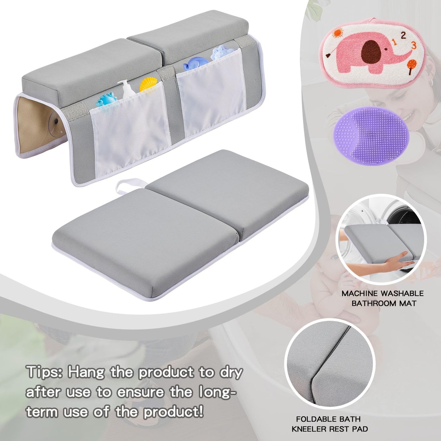 ILPEOD Bath Kneeler and Elbow Rest Pad Set, Thick Soft Quick Dry Bathtub Mat for Baby Bathing Time, Memory Foam With Toys Organizer, Gifts for Parents, Grey