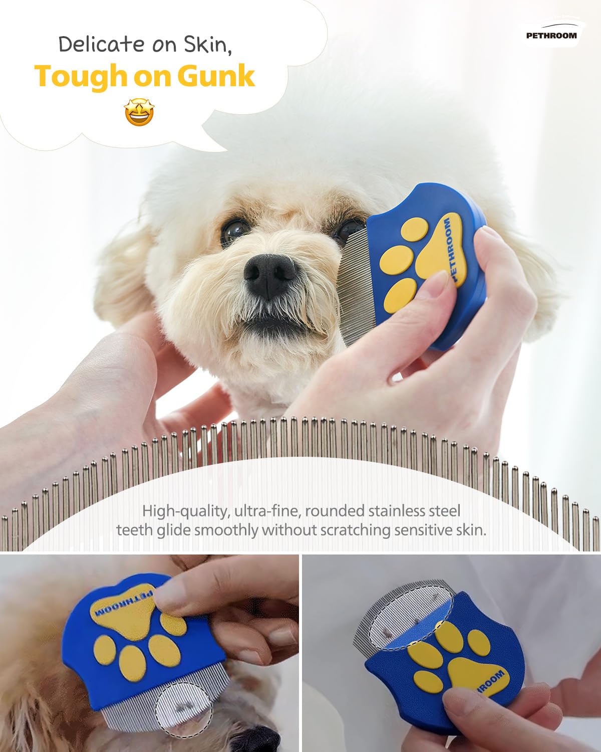 [PETHROOM] Healing Slicker Brush & Easy Facial Comb & Healing Brush Bundle | Pet Eye Booger Remover Rounded Comb & Coated Tips for Deshedding & Soothing Silicone Grooming Tool