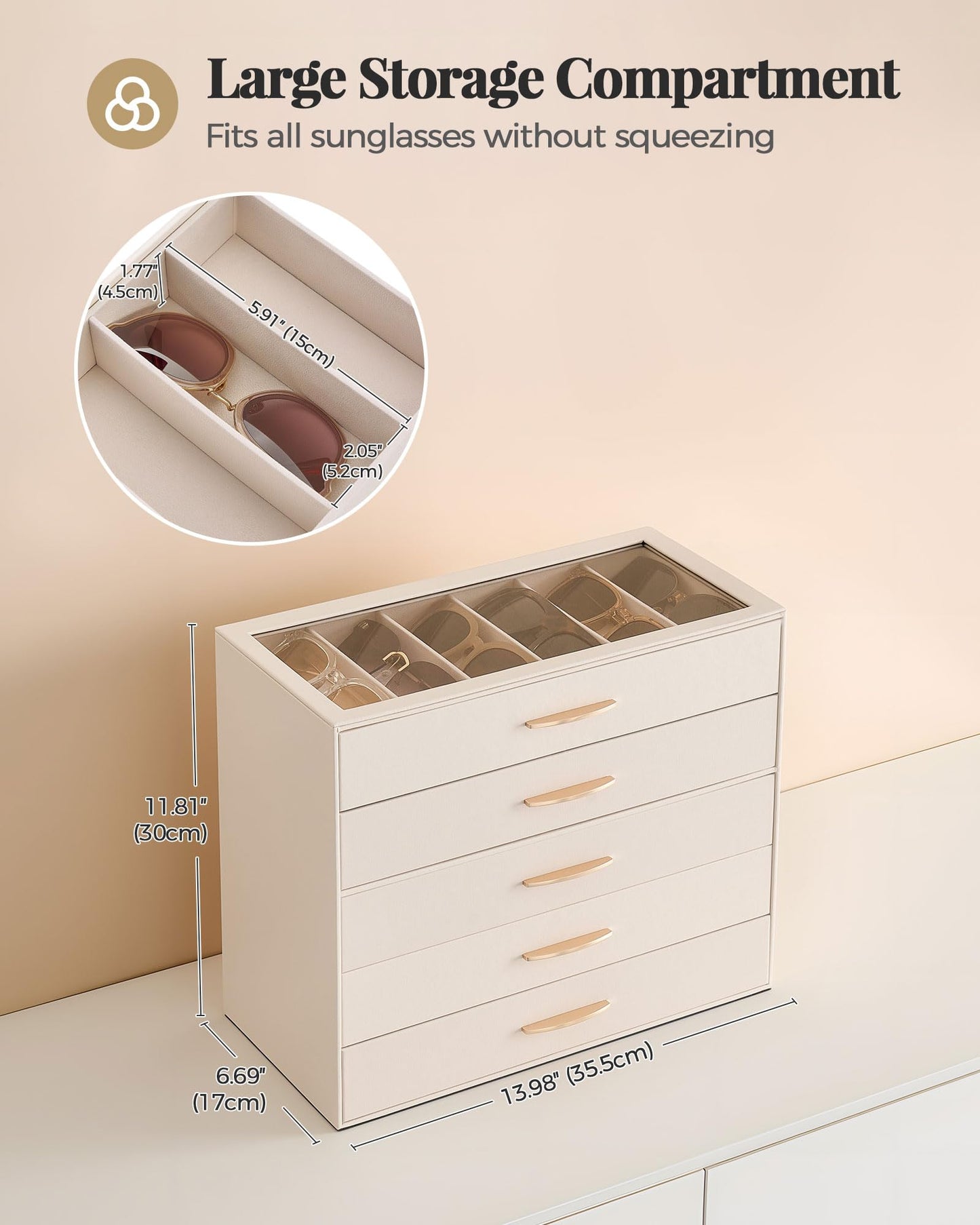 Lolalet 30 Slots Sunglasses Organizer Case for Women, 5-Layer Eyeglass Storage Holder Display Box with Clear Top Lid -Cream