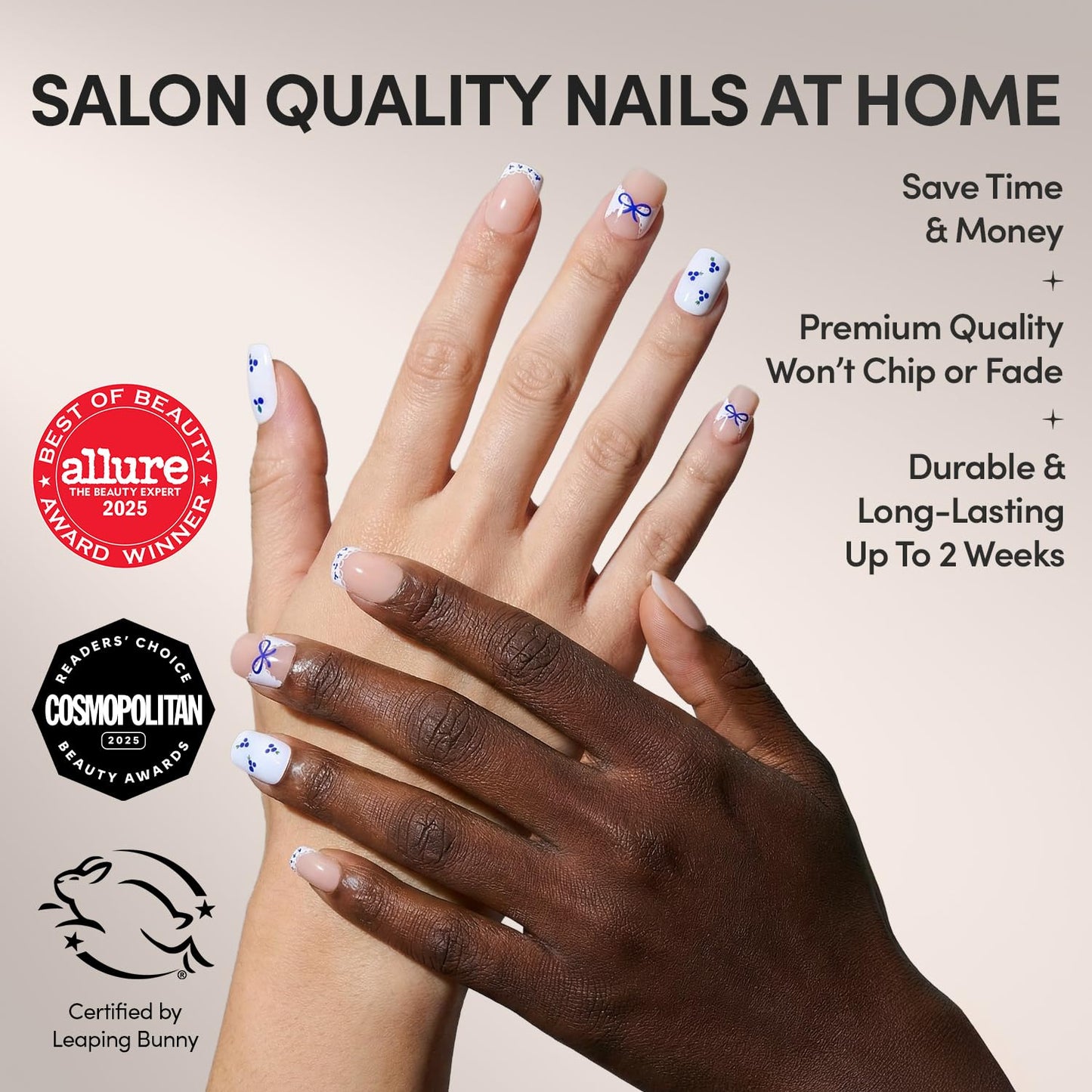 Glamnetic Press On Nails - Blue A Kiss | Short Squoval Fake Nails With Mixed Sheer & Solid Designs, Micro Blueberry and Scalloped Lace Accents | 15 Sizes - 30 Nail Kit with Glue
