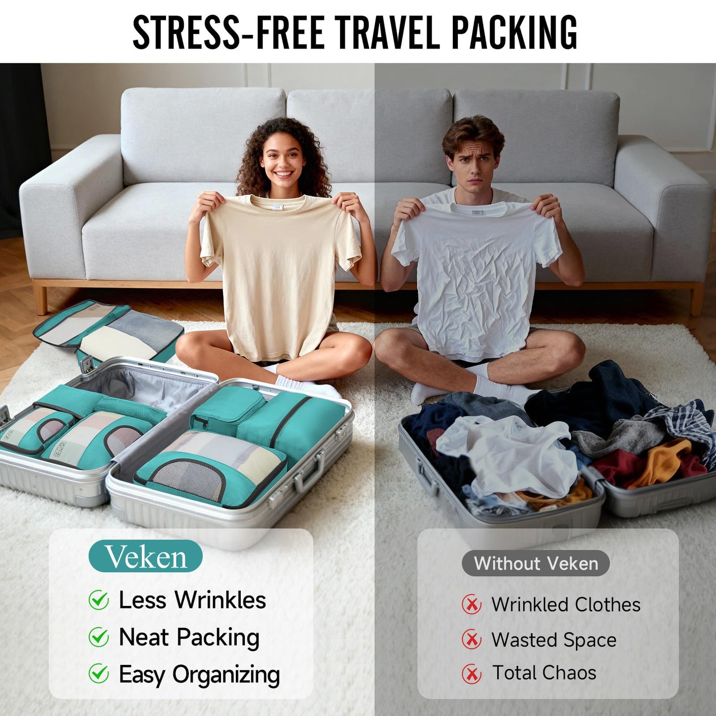 Veken 8 Set Packing Cubes for Travel Essentials, Suitcase Organizer Bags in 4 Sizes, Carry-On Luggage Accessories with Large Laundry & Hanging Toiletry Bag, Must-Have for Airplane, Road Trip & Camping