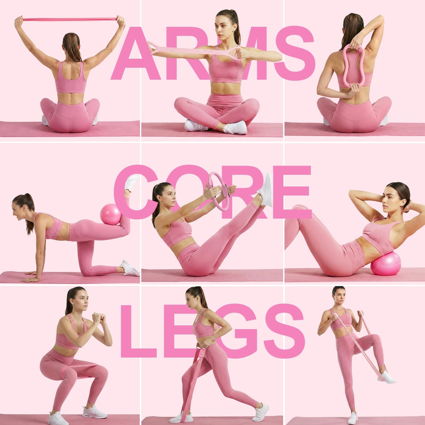 ElaraFit Home Pilates Ring and Ball Set for Women with 5 Resistance Bands 13 inch Magic Circle Workout Starter Kit for Beginners Full Body Toning 15 Min Daily Routine,Gradient Pink
