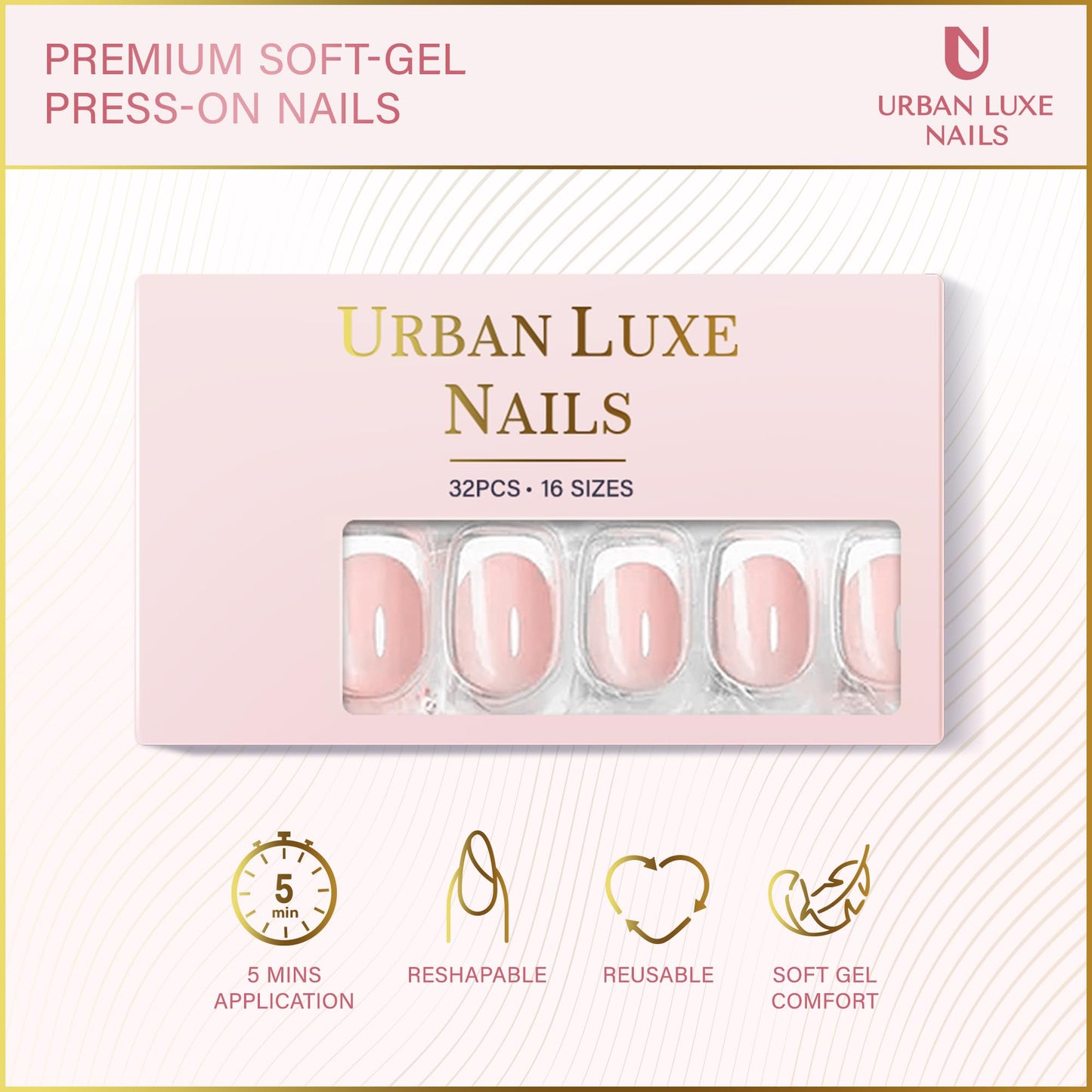 Urban Luxe Nails Premium Press On Nails - Short French Tip Press On Nails with Salon-Quality Finish, 32-Piece Set with Adhesive Tabs, Includes Jelly Glue for Nails & Prep Tools (Barely Blush)