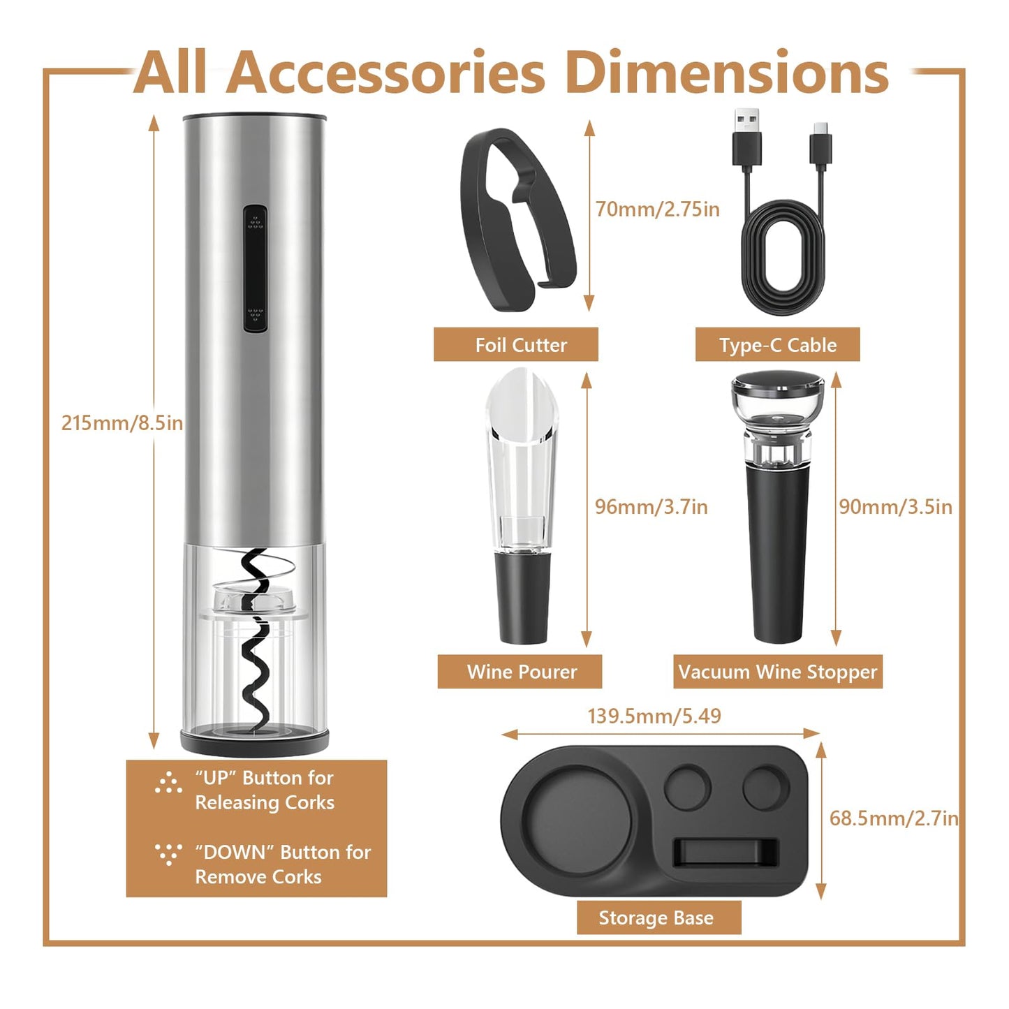Electric Wine Opener - 5 Piece Set with Storage Base,Foil Cutter,Aerating Pourer & Vacuum Stoppers | USB-C Rechargeable | 40+ Opens Per Charge | Wine Opener Gift for Wine Lovers