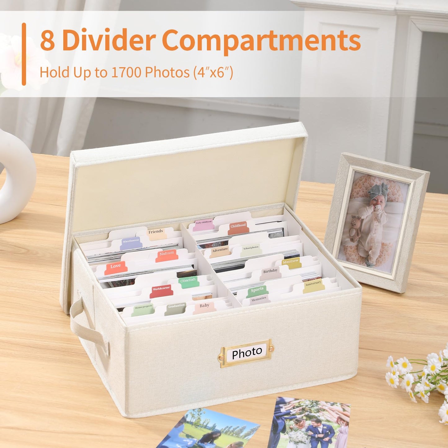 Aokeyee 2PC Photo Storage Box - Decorative Linen Memory Organizer for 4x6 Pictures, Keepsake Box with Dividers & Labels, Holds 3400+ Photos