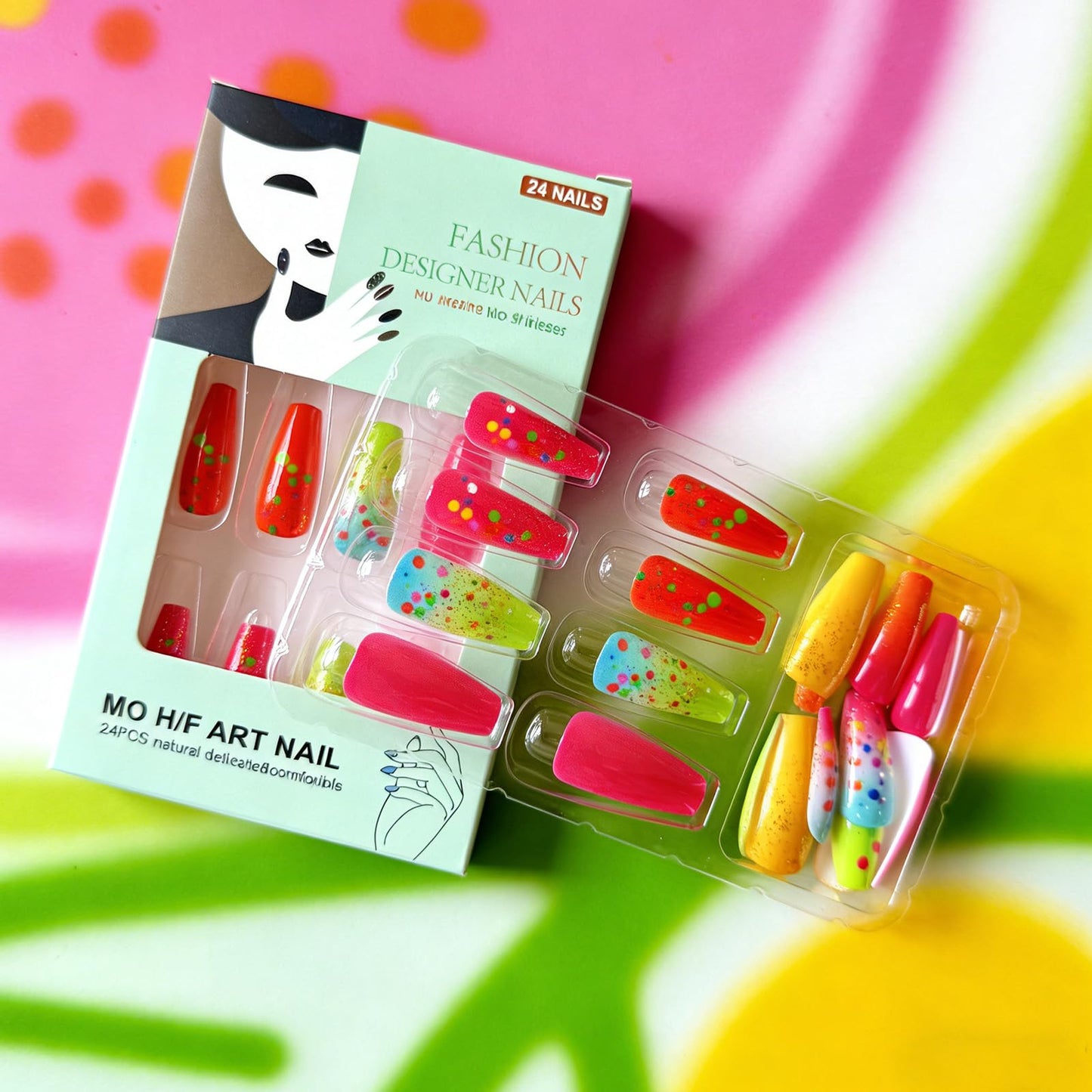 Summer Press on Nails Medium Coffin Fake Nails Gradient Colorful Polka Dot Press on False Nails Rainbow Glossy Full Cover Stick on Nail Reusable Artificial Glue on Nail for Women 24Pcs