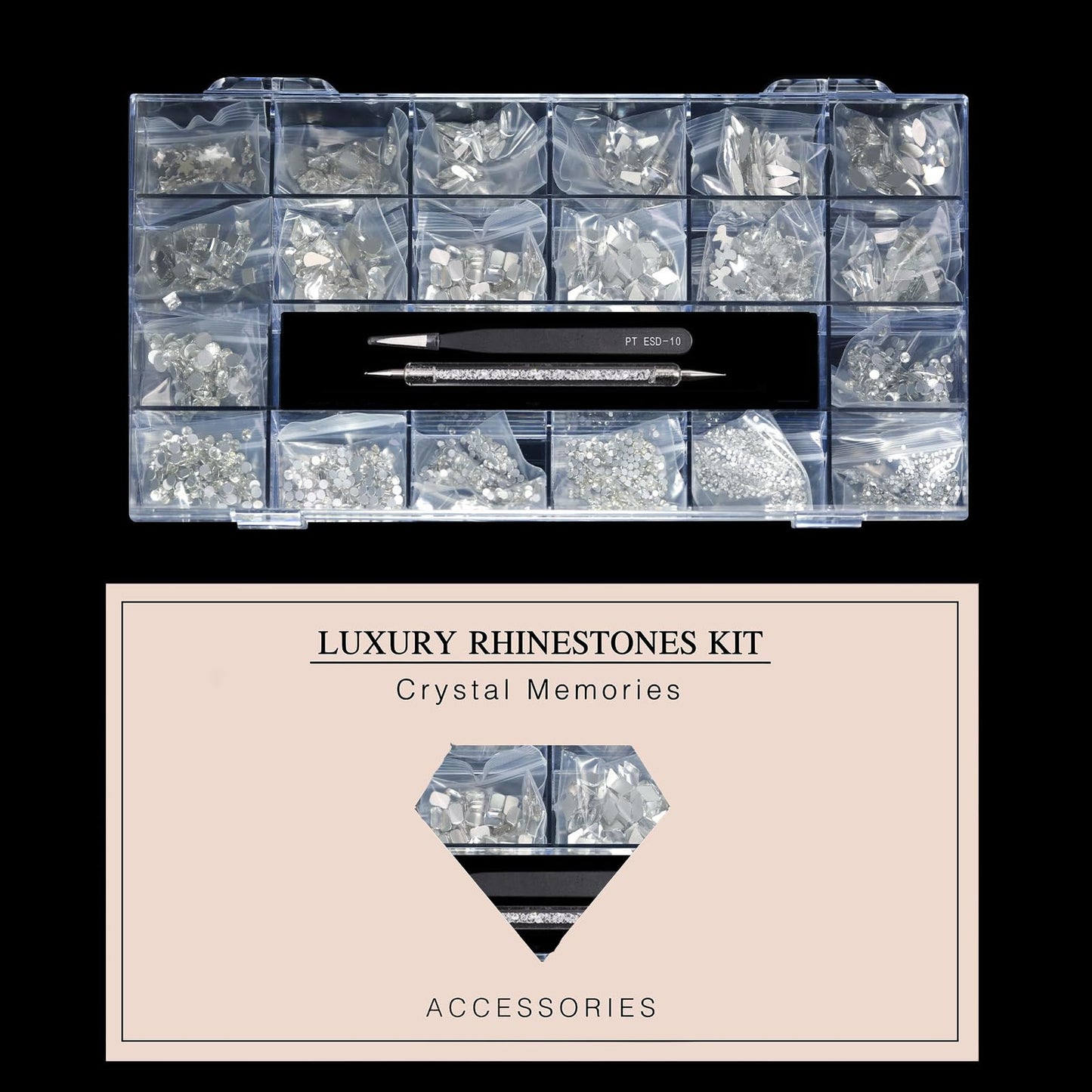 Yzzseven 12 Types of 600 White Diamonds + 2500 Flat Rhinestones Mix 20 Styles Flatback DIY Crafts Rhinestone Crystals 3D Ornament‌s Flat Back Stones Set + Tweezers + Drill Pen