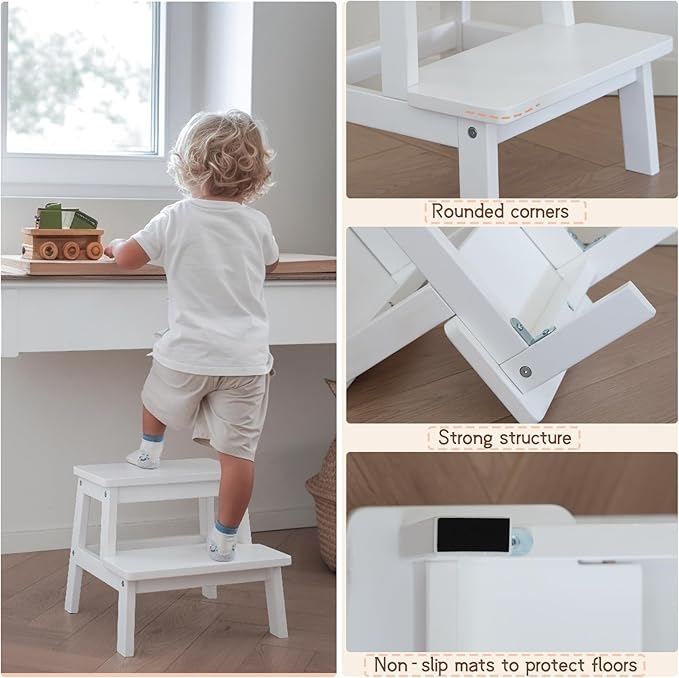 Adult & Child Wooden Two Step Stool ，Stepping Stool，Kids Step Stool Kitchen Step Stools for Bathroom– Perfect for Kitchen, Bathroom, Bedrooms & More (White)