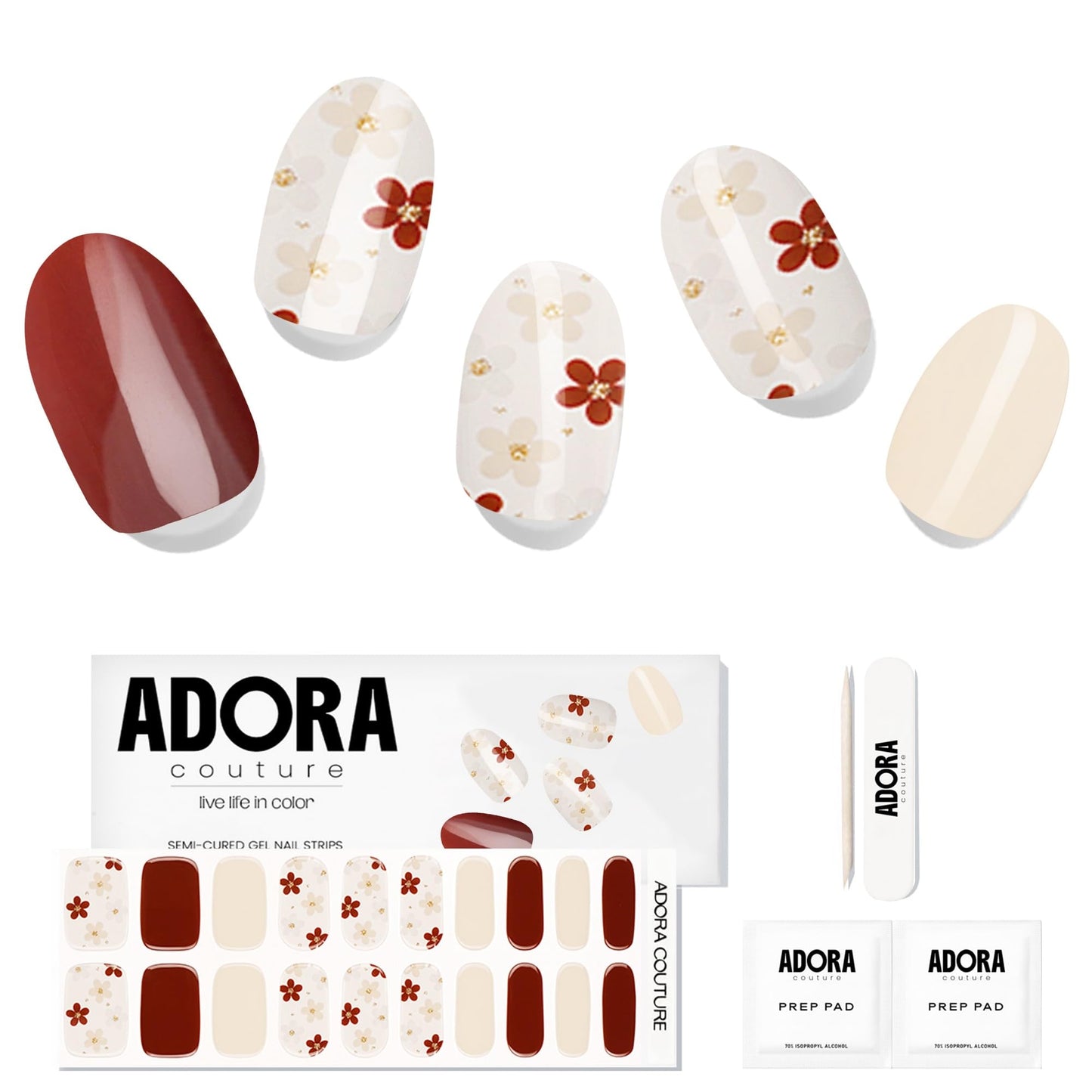 Adora Couture Semi-Cured Gel Nail Strips - 20 Salon-Quality Gel Sticker with UV Light Required, Long Lasting, Easy Application & Removal, Includes Prep Pad, Nail File, Wooden Stick (Natural Whim)