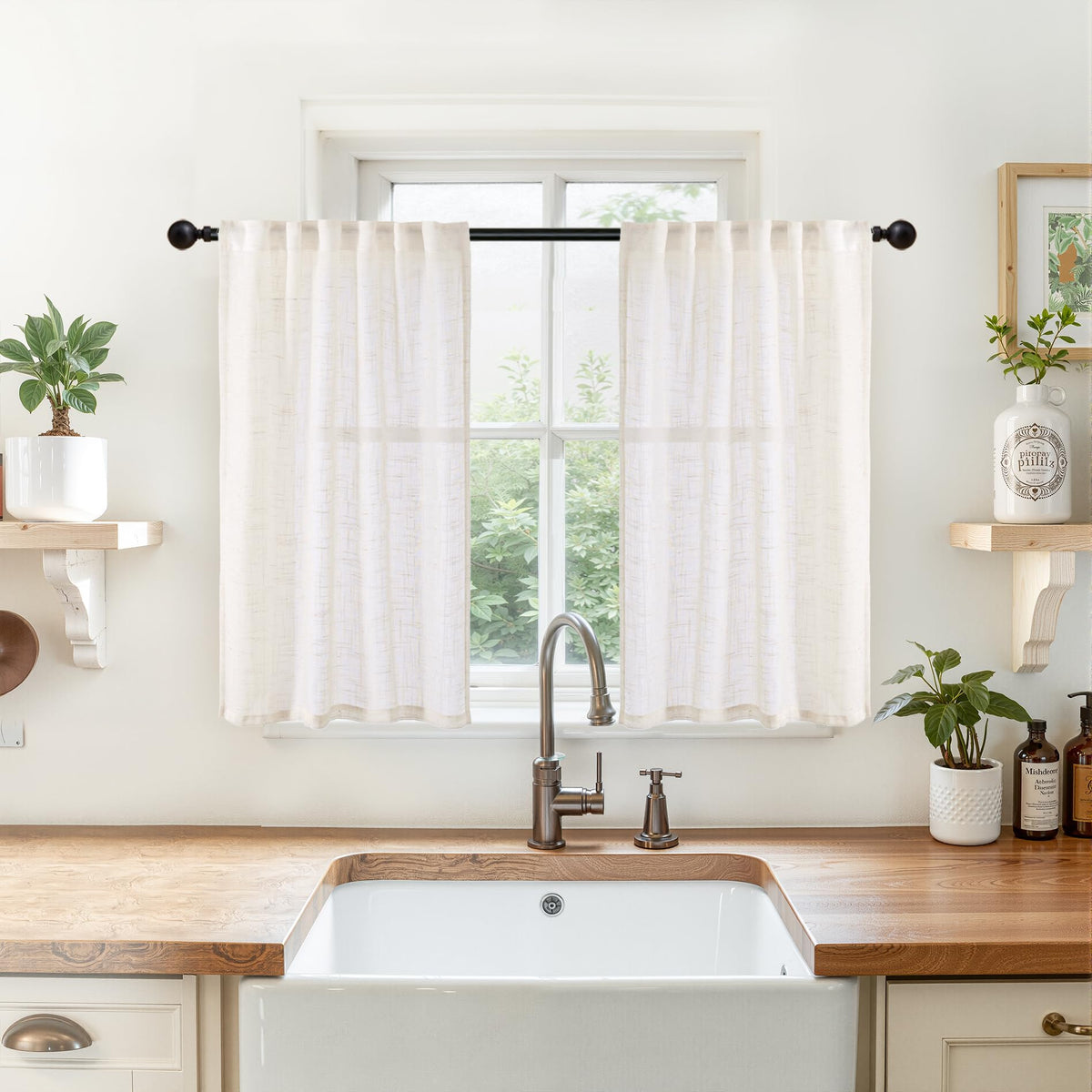 Linen Semi Sheer Curtains 36 Inches Long for Kitchen Window (2 Count)