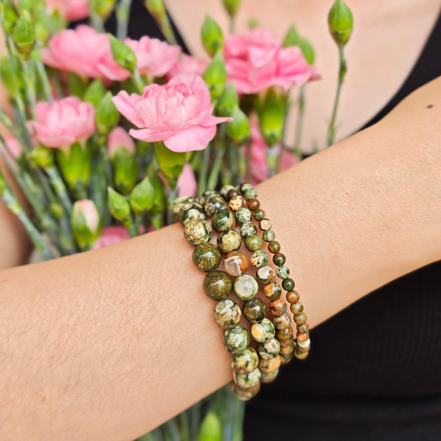 Handmade Natural Gemstone Elastic Bracelet - Healing Crystal Beads Jewelry, Unisex (Green Rainforest Jasper, 8mm)