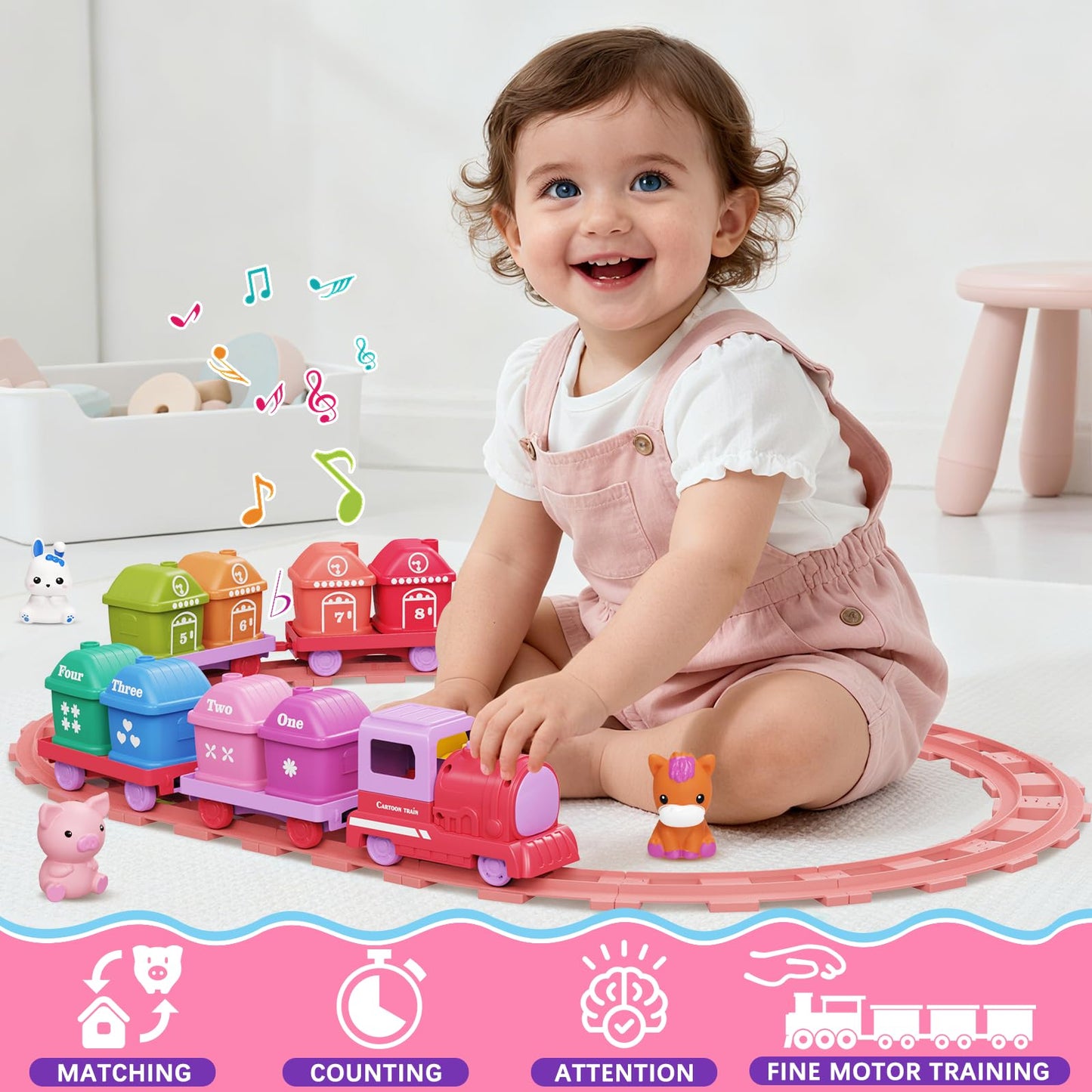 Train Set Toy Toddlers for 1-3 Learning Toy for Ages 1 2 3,Montessori Learning Matching & Sorting Toys,Christmas Birthday Gift Boys Girls (Pink)