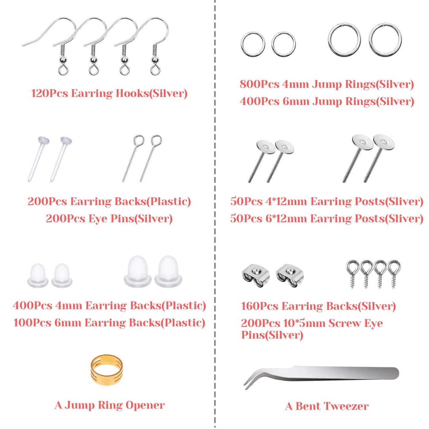 Thrilez 3080Pcs Earring Supplies Kit - Includes Hooks, Backs, Rings, Pins, Posts and Tools for Making and Repairing
