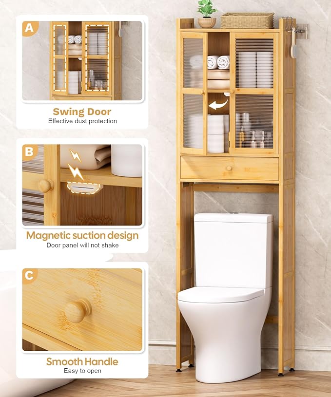 Over The Toilet Storage Cabinet: Bathroom Organizer Shelf with 1 Drawer and 2 Doors - Bamboo Saver Space Freestanding Rack for Restroom
