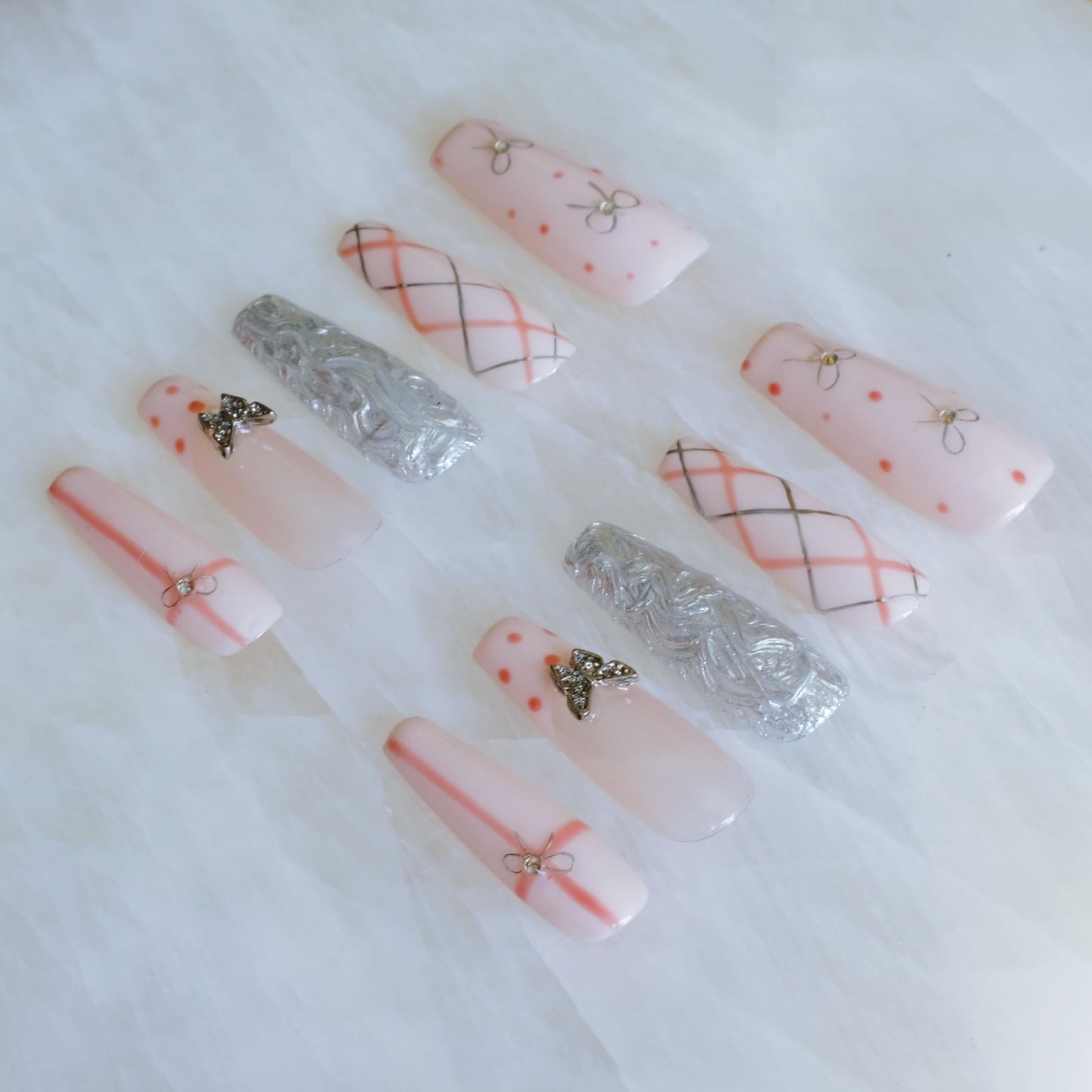 GLORS Press-on Nails, Long Ballerina Style, Pink with 3D Silver Butterfly and Bow Design, Handmade False Nail 10 Pieces (Small, LB)