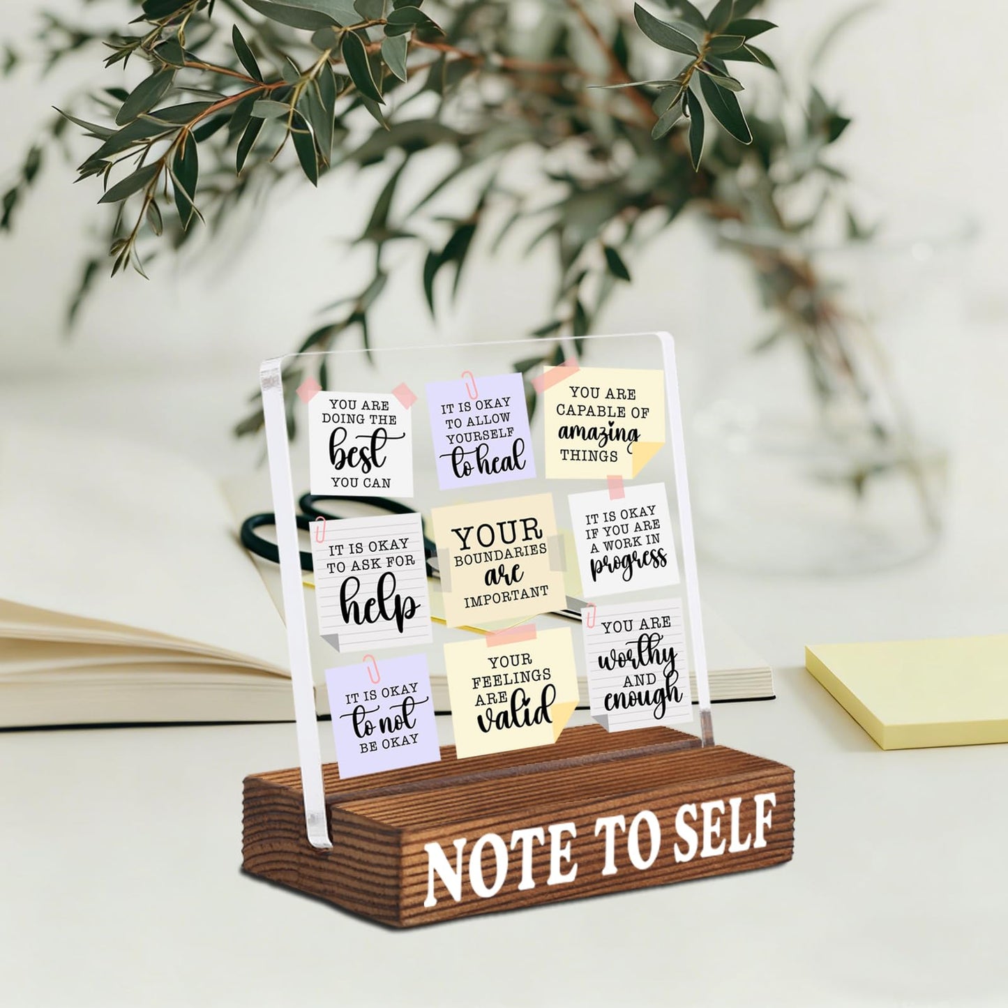 Inspirational Desk Decor with Positive Self Reminder, Acrylic Note Style Sign with Rustic Wood Base, Encouragement Gift for Home Office Coworker Friend SNOTE10
