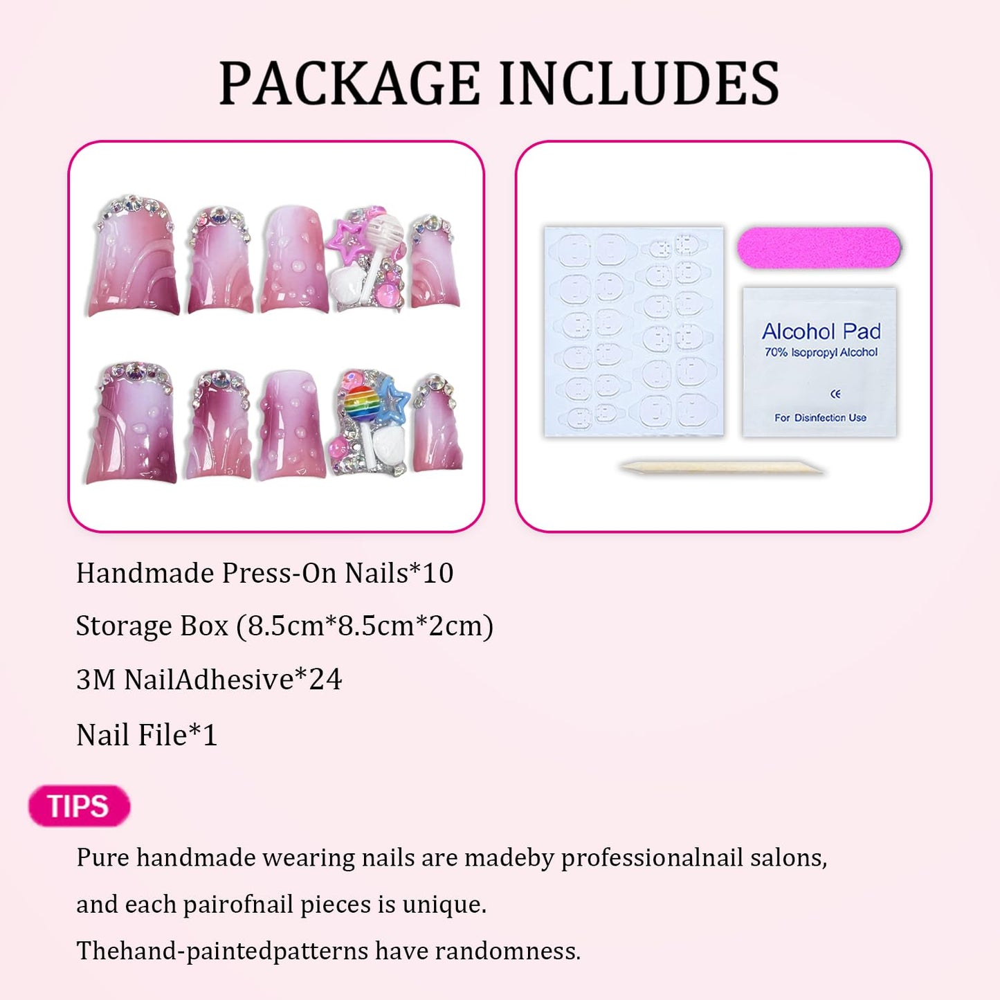 Duck Press on Nails Handmade Fake Nails Short False Nail 3D Lollipop and Stars Designs Luxury Rhinestones Artificial Nail Pink White Gradient Stick on Nails Water Droplet False Nail for Women（M)
