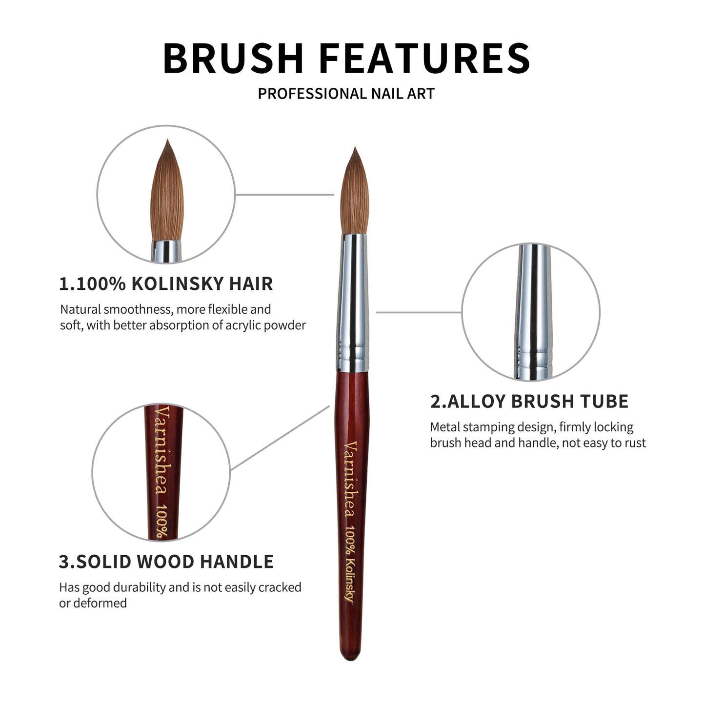 varnishea 100% Pure Kolinsky Acrylic Nail Brush Solid Wood Handle Professional Manicure Brushes for Powder Nail Acrylic Application - Salon & DIY Nail Art Essentials - Size 18, 1.0 Count