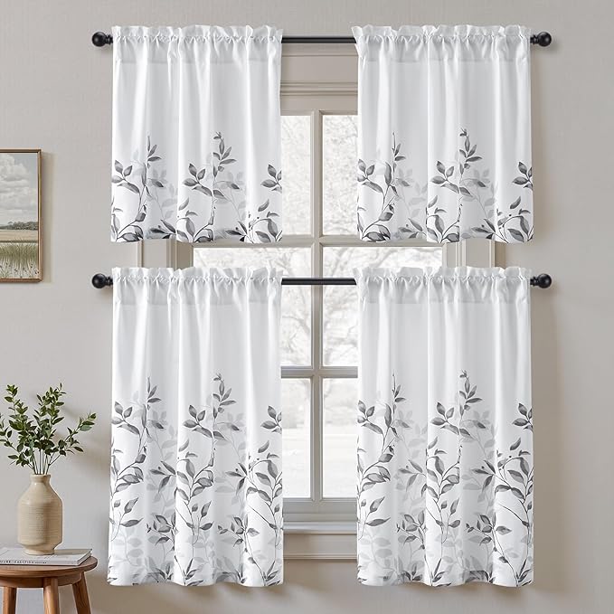 HOMEIDEAS Kitchen Curtains, Short Non-See-Through Privacy 30X36 Inch Length Tier Curtains, Grey and White Leaf Floral Printed Light Filtering Semi Sheer Small Window Drapes for Bathroom Cafe, 2 Panels