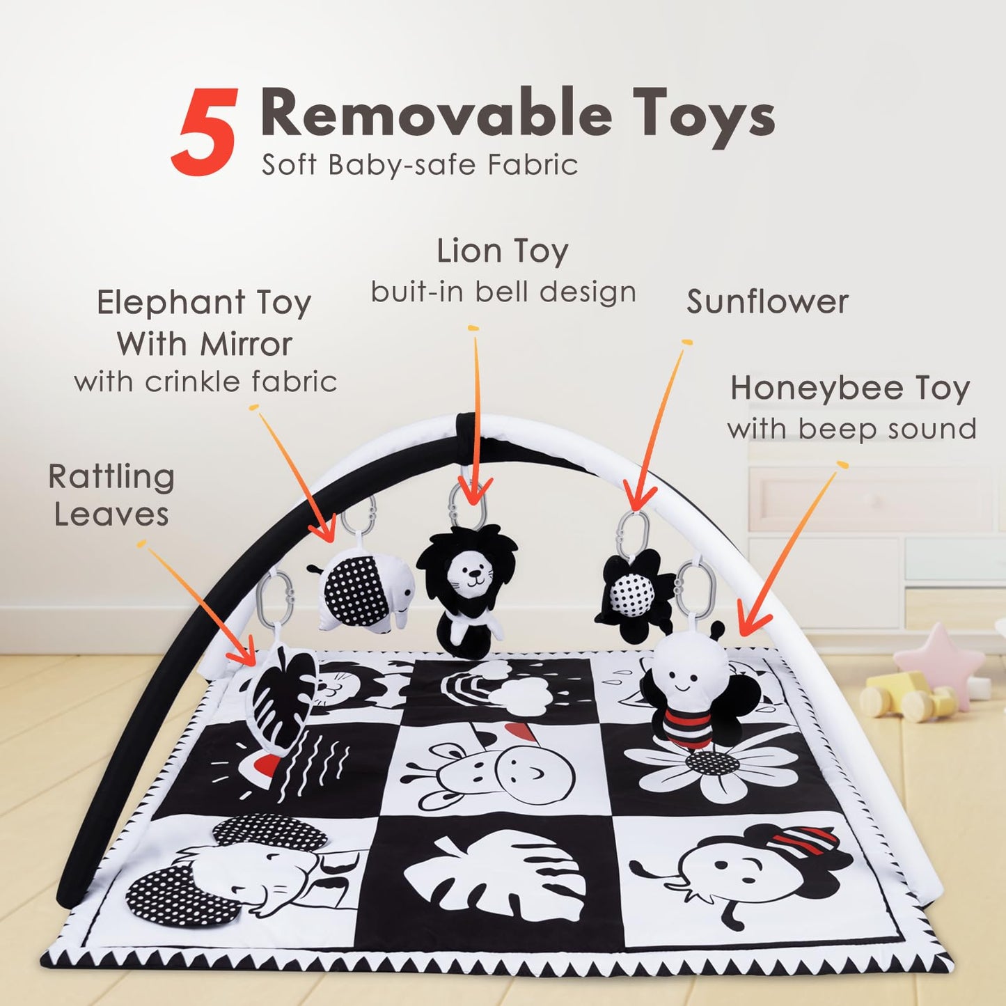 Lovvie & Joy Baby Play Activity Gym Tummy Time Mat for Infant,Baby Gyms & Playmats for Babies 0 to 3 6 9 12 Months with 5 Toys for Early Sensory Exploration and Motor Skill Development